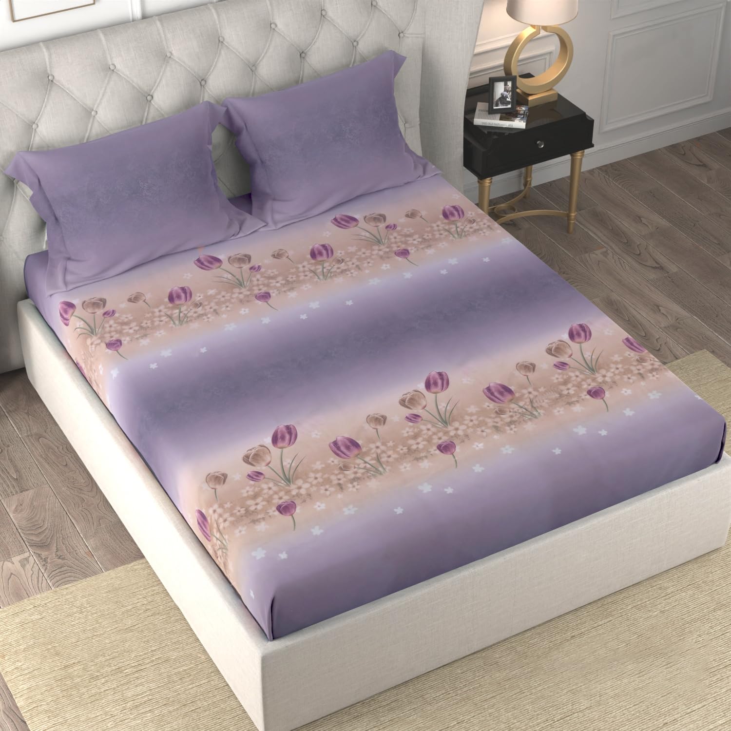 Cloth Fusion Glace Cotton Elastic Fitted Bedsheet King Size 78x72 inch | Twilight Tulip, 2 Pillow Covers, 165 TC, Soft, Cotton Blend, 360° Grip, Fits Up to 8 in Mattress, Quick-Drying-image-20