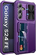 Vihibii for Samsung Galaxy S24 FE Case with Card Holder (4 Cards) [RFID Blocking]& Sliding Camera Cover &, Shockproof Rugged Hard Back & TPU Edge Wallet Case for Galaxy S24 FE 6.7" 2024, Dark Purple