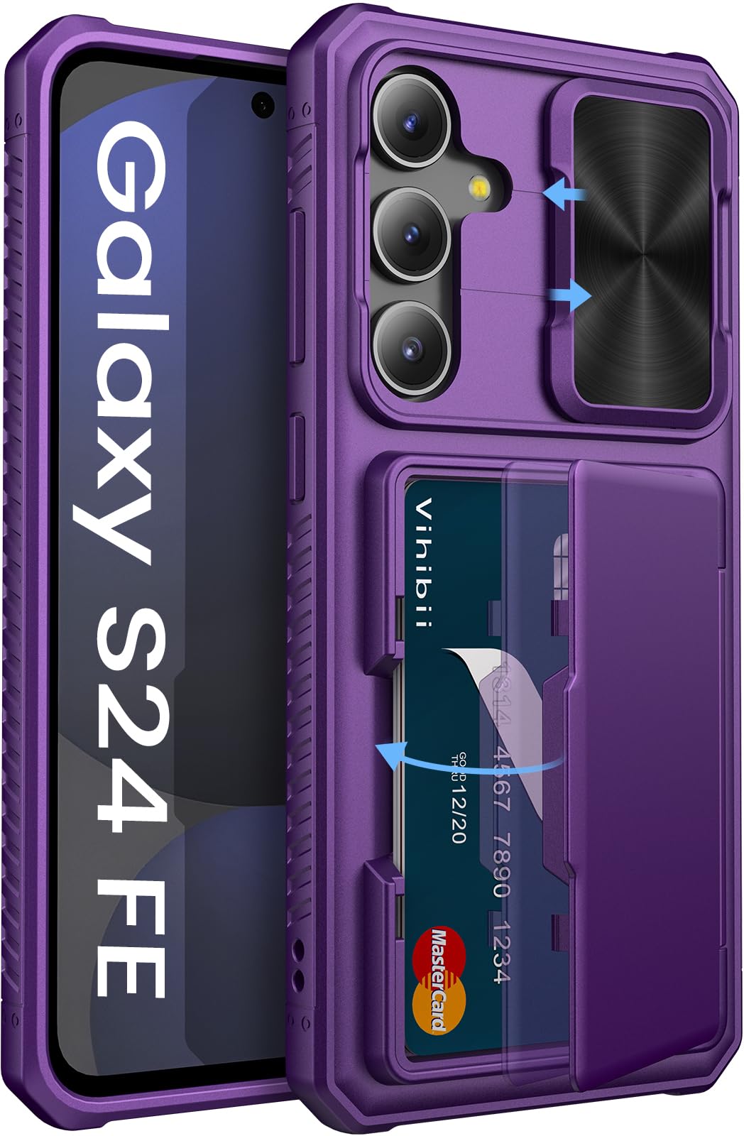 Vihibii for Samsung Galaxy S24 FE Case with Card Holder (4 Cards) & Slide Camera Cover & Kickstand, Shockproof Rugged Hard Back & TPU Soft Edge Wallet Case for Galaxy S24 FE 6.7" 2024,Dark Purple