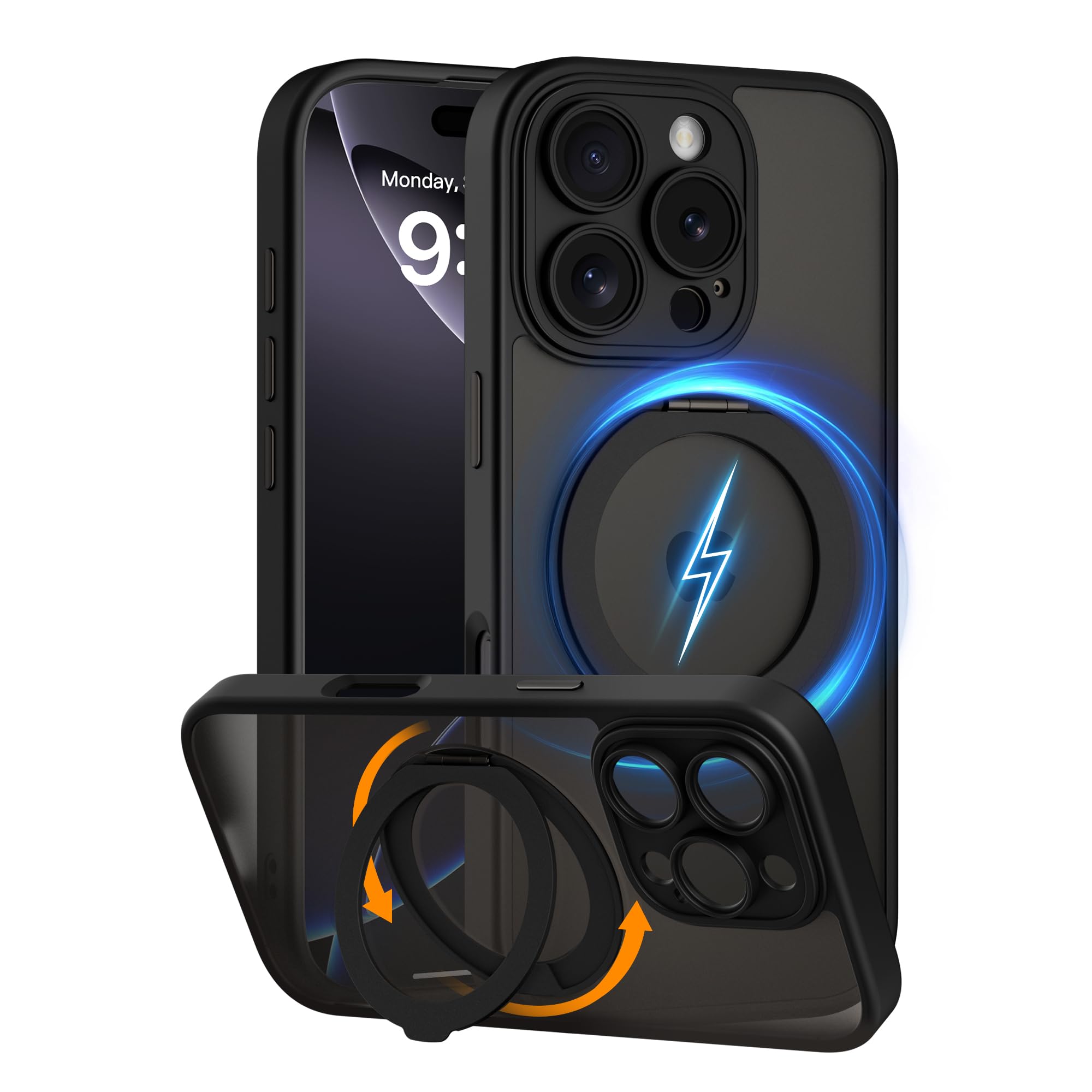 COOLQO for iPhone 16 Pro Max Case, Compatible with MagSafe, Translucent Matte, 360° Ring Holder Stand, Black