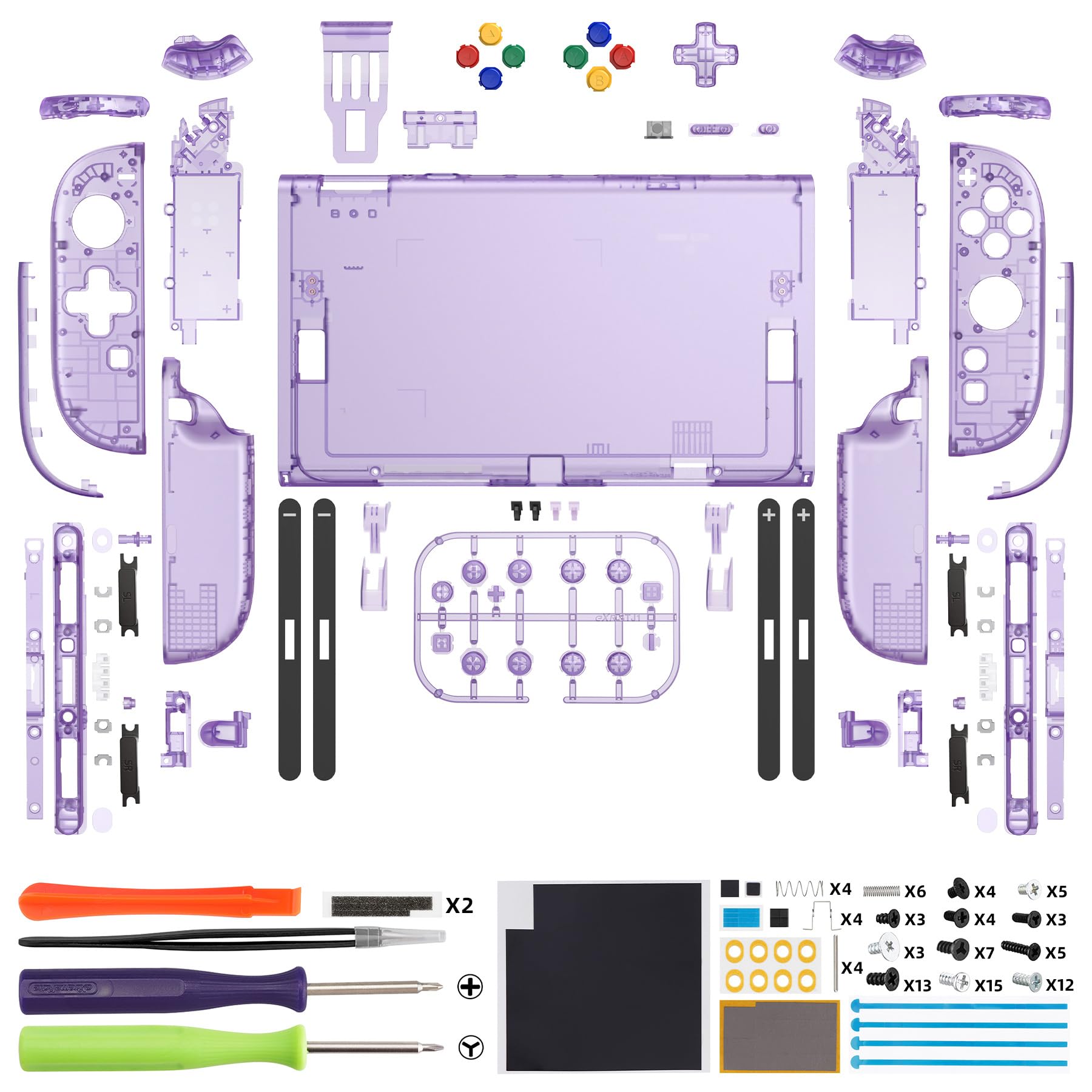 eXtremeRate Cover per Nintendo Switch 2, Custodia Ricambio per Joycon con Set Completo di Tasti, Accessorio per Switch 2, Senza Joycon e Console(Dpad Versione) - Trasparente Viola Atomico