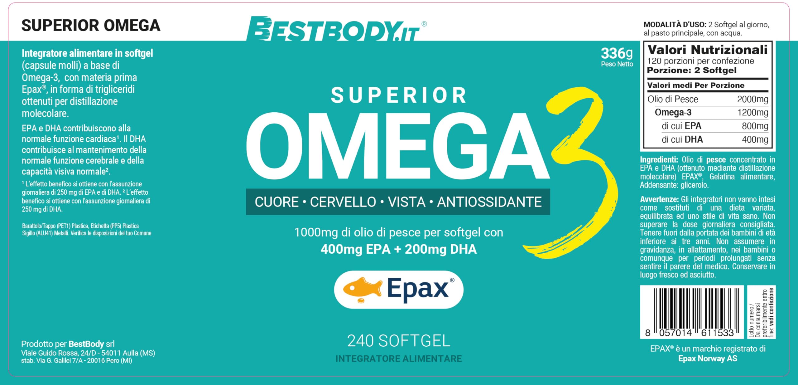 BestBody - Superior Omega - Omega 3 con Materia Prima Epax ad Alta Concentrazione, 400mg di EPA e 200mg di DHA per Softgel, 240 Capsule