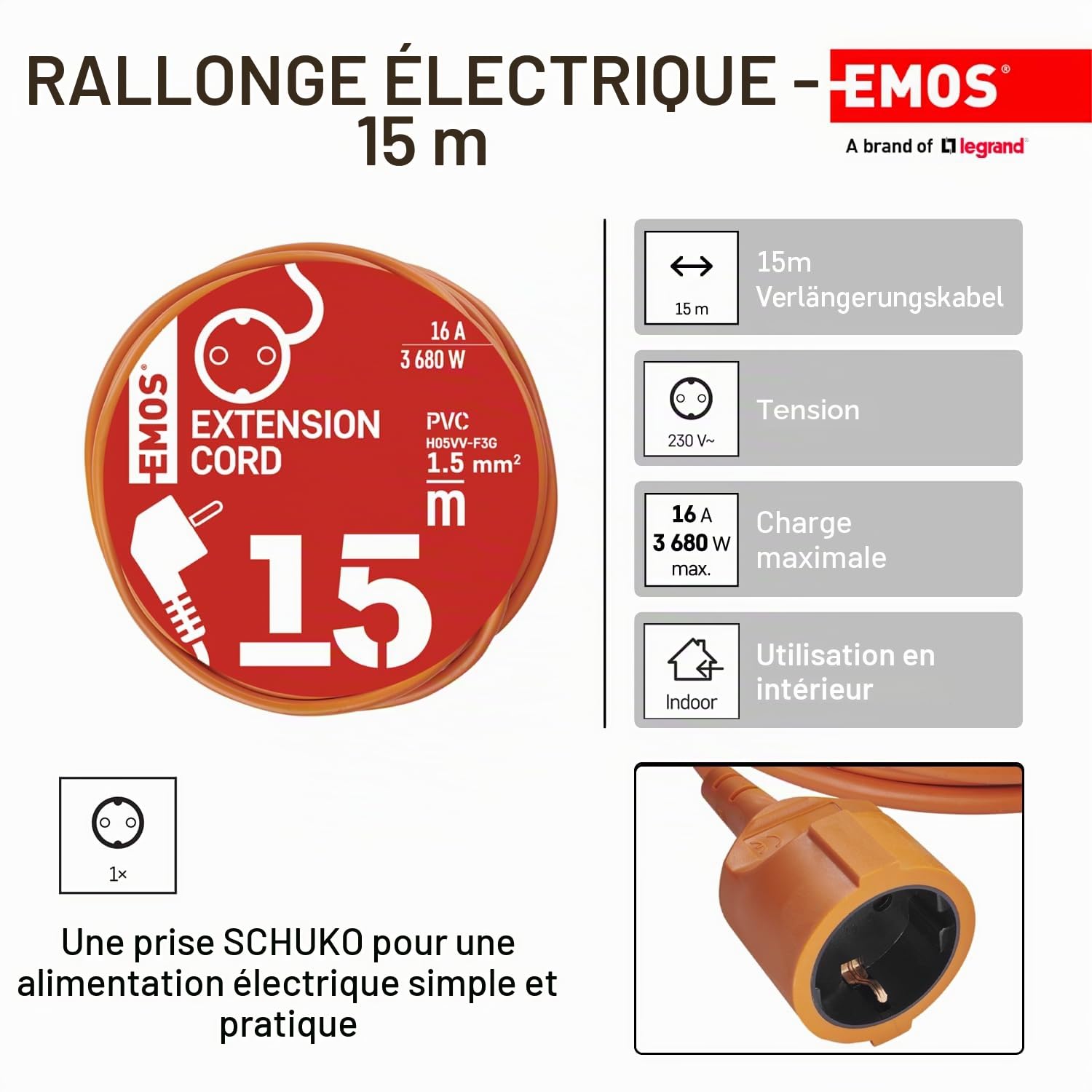 EMOS - Rallonge IP20 15 m - 1 Prise Schuko - 230 V, 16 A, 3680 W - Isolation en PVC de qualité supérieure - H05VV-F3G 1,5 mm² - Protection renforcée Contre Les Contacts - pour l'intérieur - Orange
