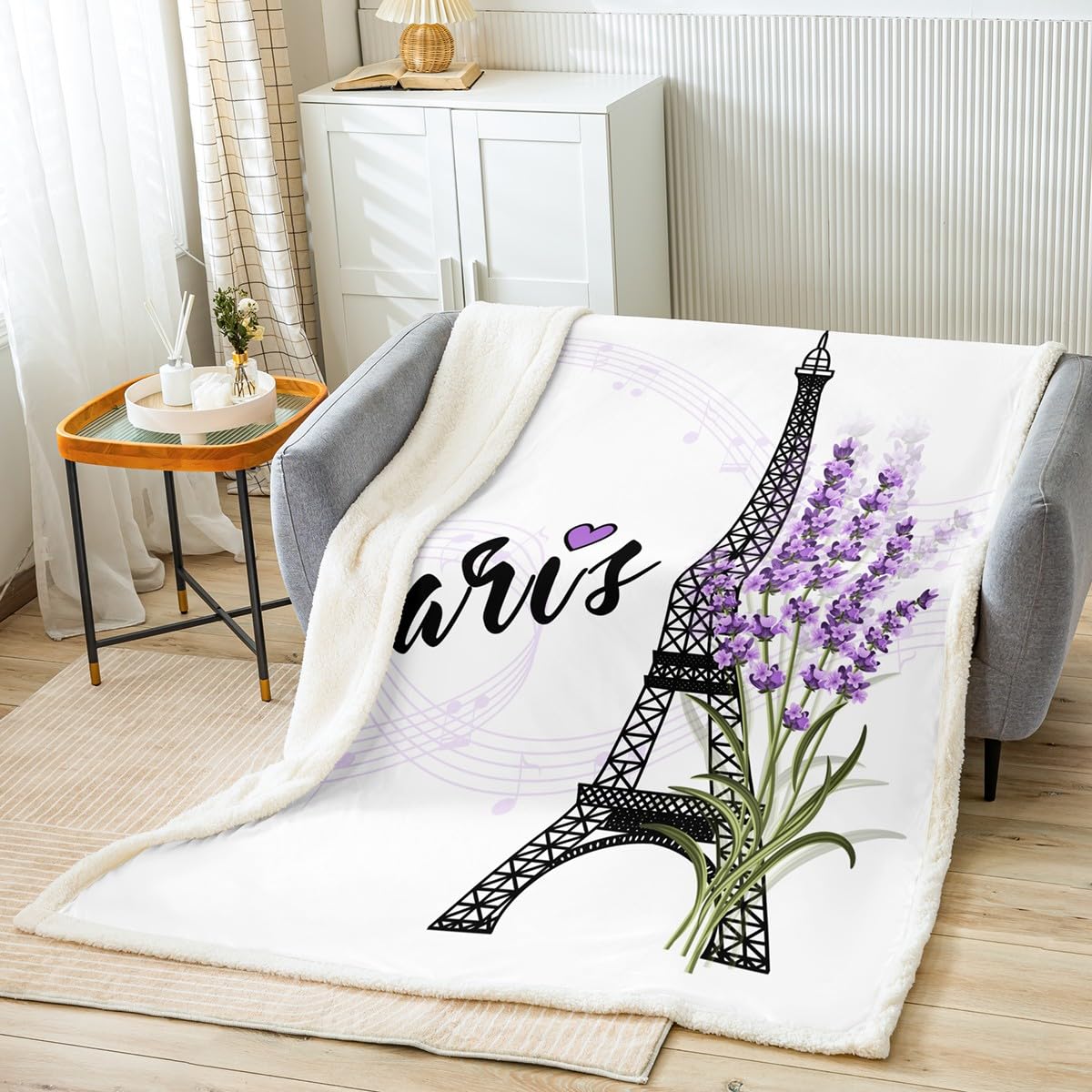 Eiffel Tower Throws Blanket,Purple Lavender Flowers Print Sherpa Blanket for Girls Teens Gift, Romantic Paris City Floral Lightweight Polyester Sherpa Blanket for Sofa, Throw Size (50 x 60 Inches)