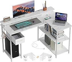 VARNIC ゲーミングデスク パソコンデスク L字型 左右組み替え可能 電源タップ付き 配線穴付き pcデスク オフィスデスク 117cm長さ*80cm奥行*75cm高さ モニター台付き 可動式棚板 引き出し付き 調整可能な脚 省スペース おしゃれ 勉強机 L字デスク 組み立て簡単 頑丈 学習デスク テレワーク リモートワーク ゲーミング