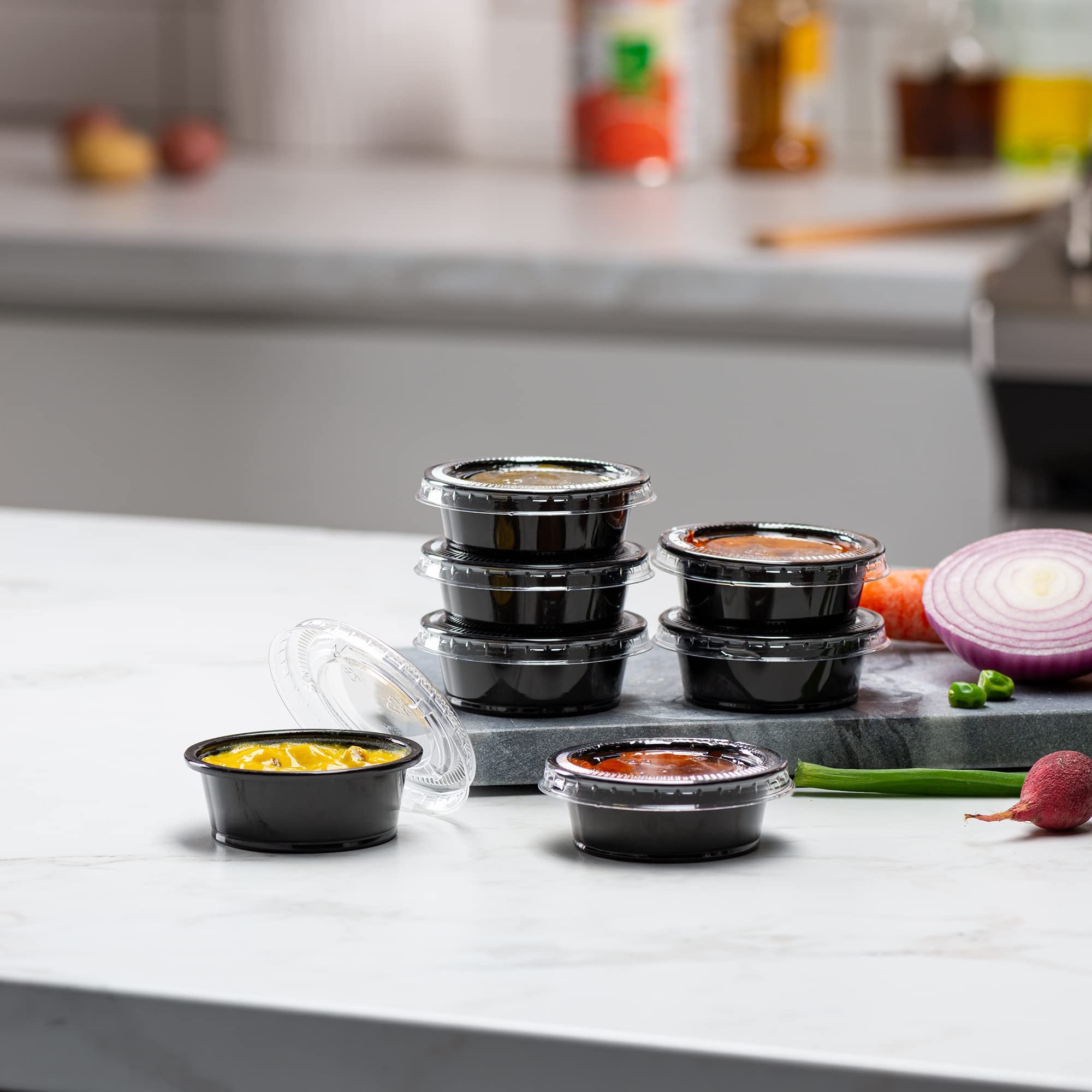 Amazon.com: 1.5 oz - 100 Sets Black Diposable Plastic Portion Cups With  Lids, Small Mini Containers For Portion Controll, Jello Shots, Meal Prep,  Sauce Cups, Slime, Condiments Disposable Souffle Cups: Industrial &  Scientific