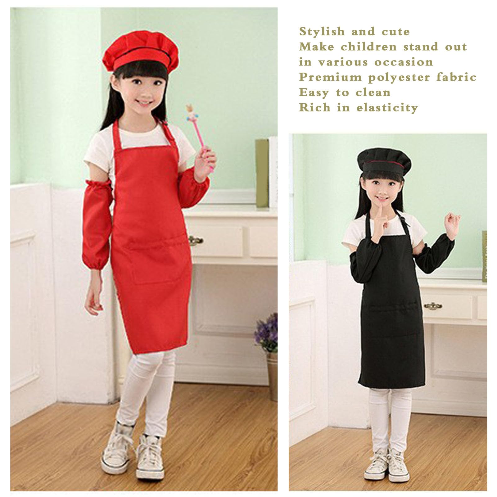 Tomotato 3 Set Kids Apron and Chef Hat, Red Black White Adjustable Kids Cooking Apron with Pocket for Girls Boys