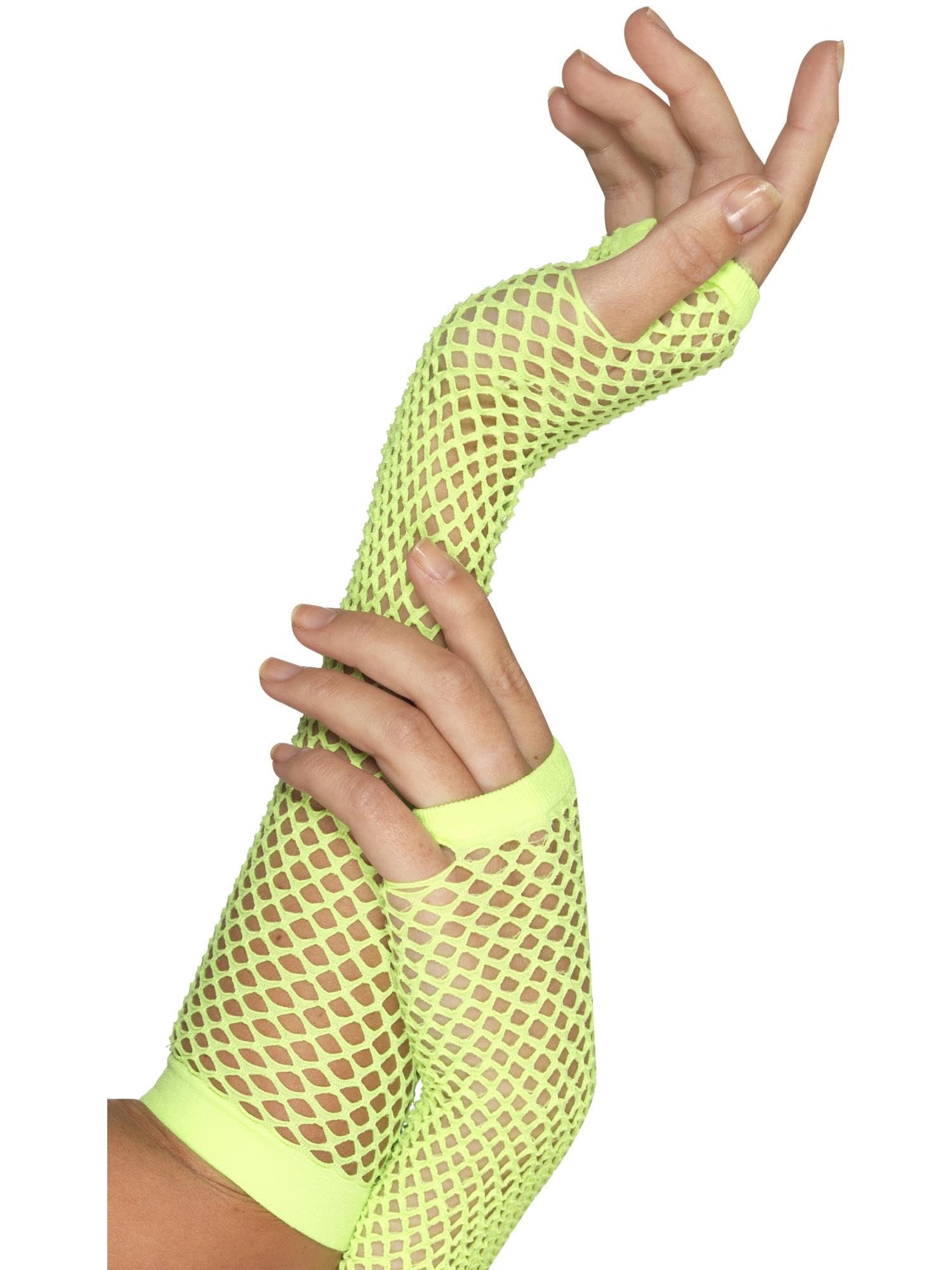 Smiffys Fishnet Gloves, Neon Green Long, 1980's Fancy Dress, Adult Dress Up Accessories