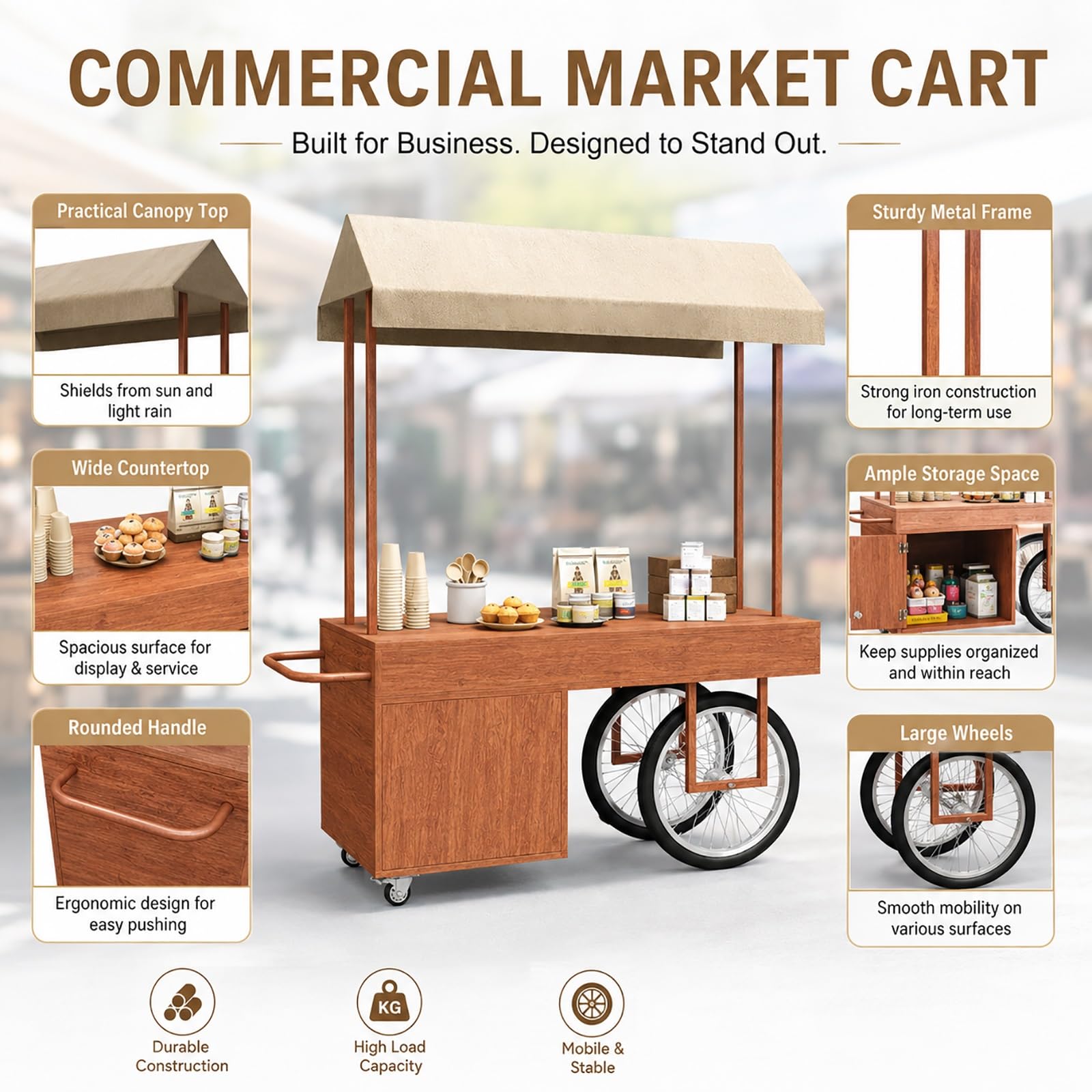 Puesto Ambulante con Toldo, Carrito de Venta con Ruedas y Compartimento, Stand Expositor para Exterior con Ruedas Blocables