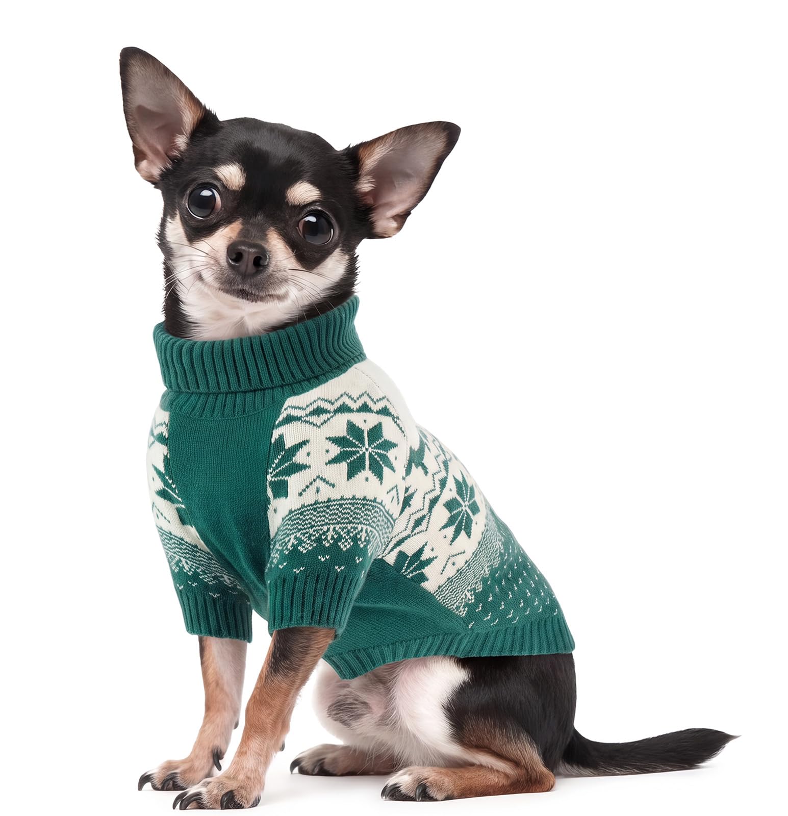 OUOBOB Small Dog Turtleneck Christmas Jumper With Back Leash Hole XS Green