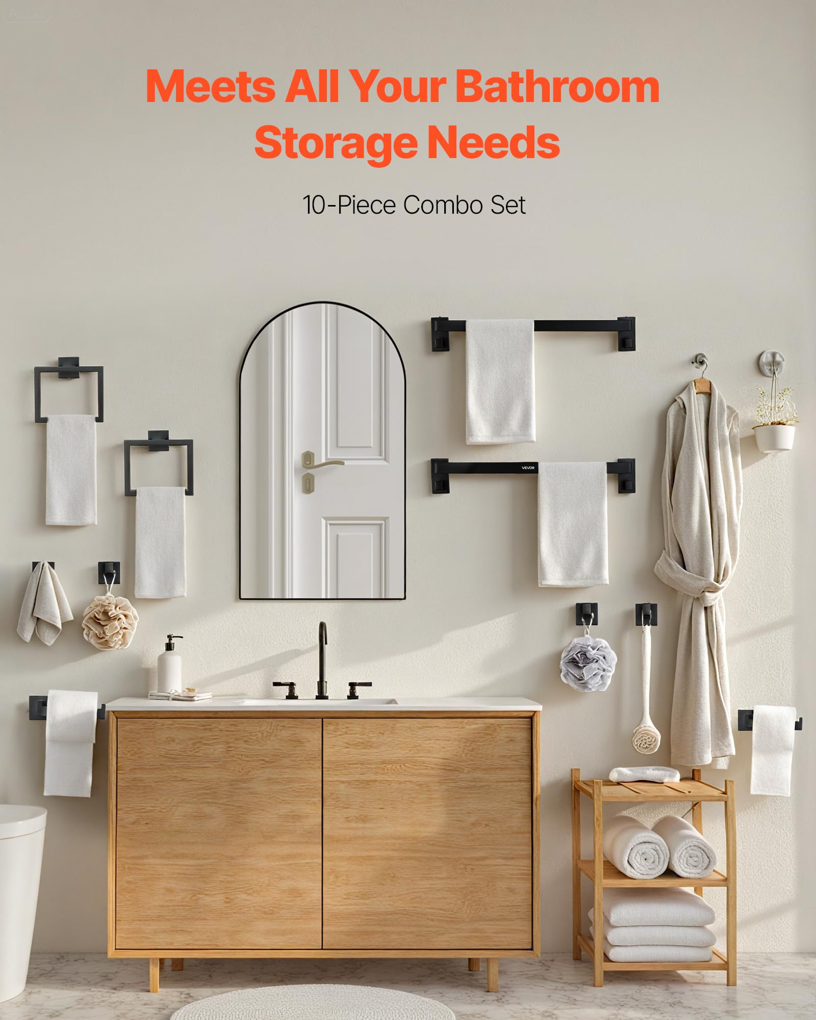 VEVOR Juego de Accesorios de Baño, con 2 Toalleros, 2 Porta Toallas Anillo Cuadrado, 2 Ganchos de 4 Piezas y 2 Portarrollos de Papel Higiénico, en Pared, Negro Mate, 10 uds, 595 x 100 x 80 mm