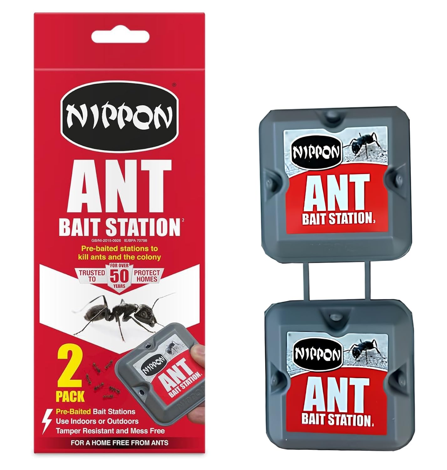 Nippon Ant Bait Station, Comes as 2 Pre-Baited Stations, Indoor and Outdoor Ant Killer, Tamper Resistant & Mess Free, Destroys Colony