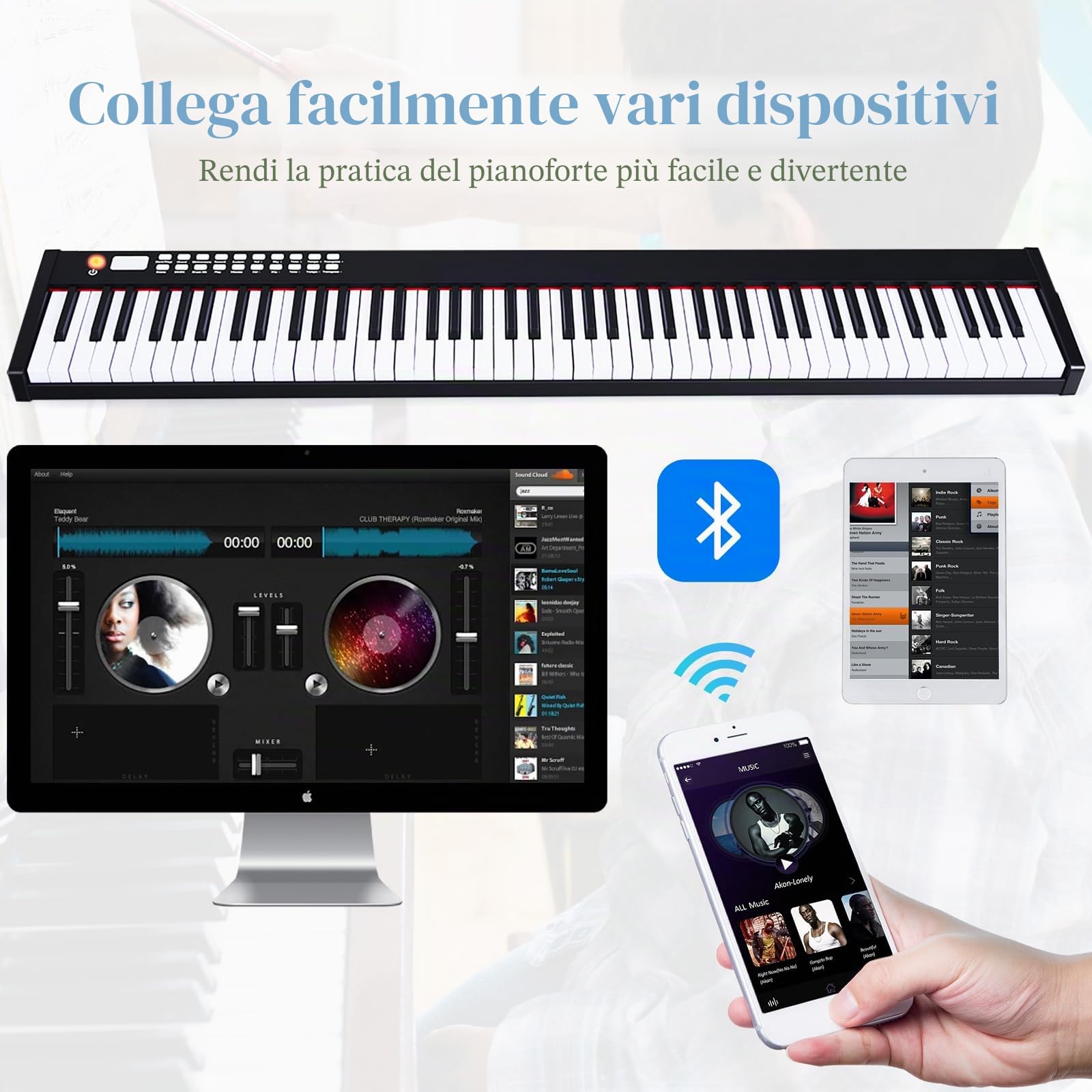KOMFOTTEU Pianoforte Digitale 88 Tasti Multifunzionale, Tastiera Elettronica con Funzione Bluetooth, Pianola Semi-Pesato per Principianti con Pedale di Sustain, 127 x 21,5 x 6,5 cm (Nero)