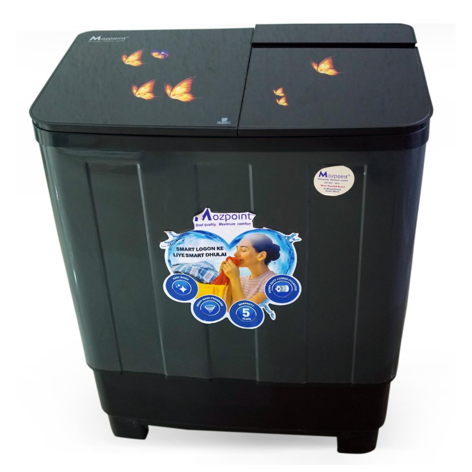semi automatic washing machine grey black with 5 star rating two wash programs wash timer spin timer hydraulic lid toughened glass 9.5 kg