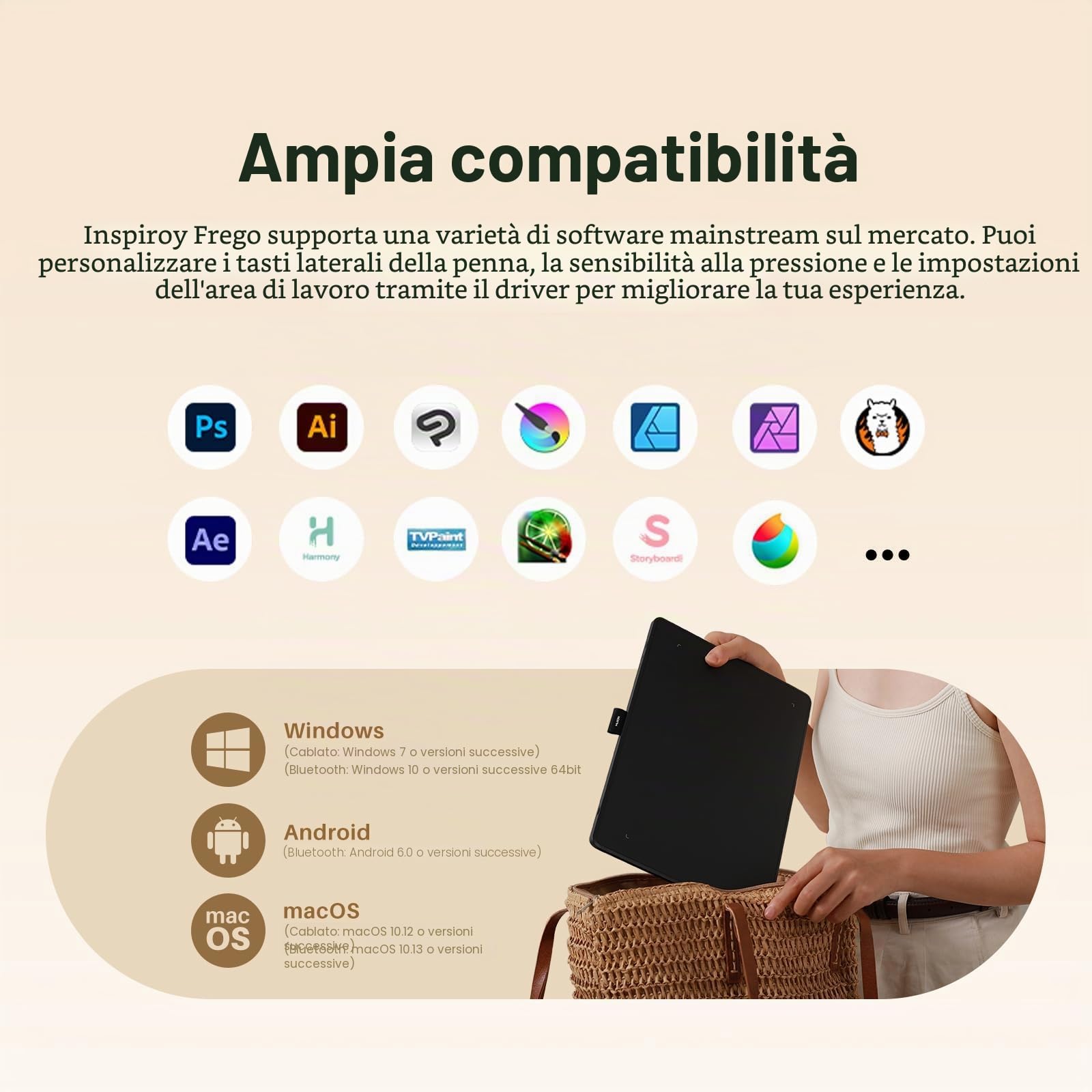 HUION Inspiroy Frego M Tavoletta Grafica Bluetooth, PenTech 3.0+, Tavoletta Grafica 10x6,25 Pollici per Disegnare, Progettare, Lavorare con Mac, PC e Dispositivi Mobili