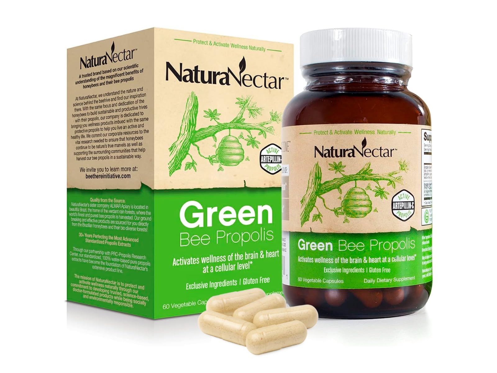NaturaNectar - Green Bee Propolis Capsules - NSF Contents Certified Brazilian Green Propolis - Gluten-Free Propolis Supplements with Flavonoids - Naturally Sourced Through Ethical Beekeeping (60pcs.)