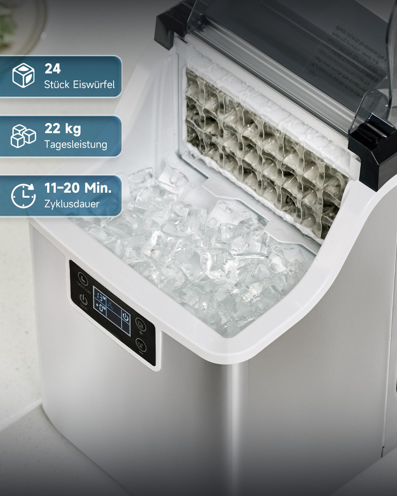 CO-Z Eiswürfelmaschine 22kg/24h, Edelstahl Eiswürfelbereiter mit Selbstreinigung, 24 Würfel in 11-20 Min, LCD-Display Eismaschine für Zuhause, Büro, Bar und Gastronomie