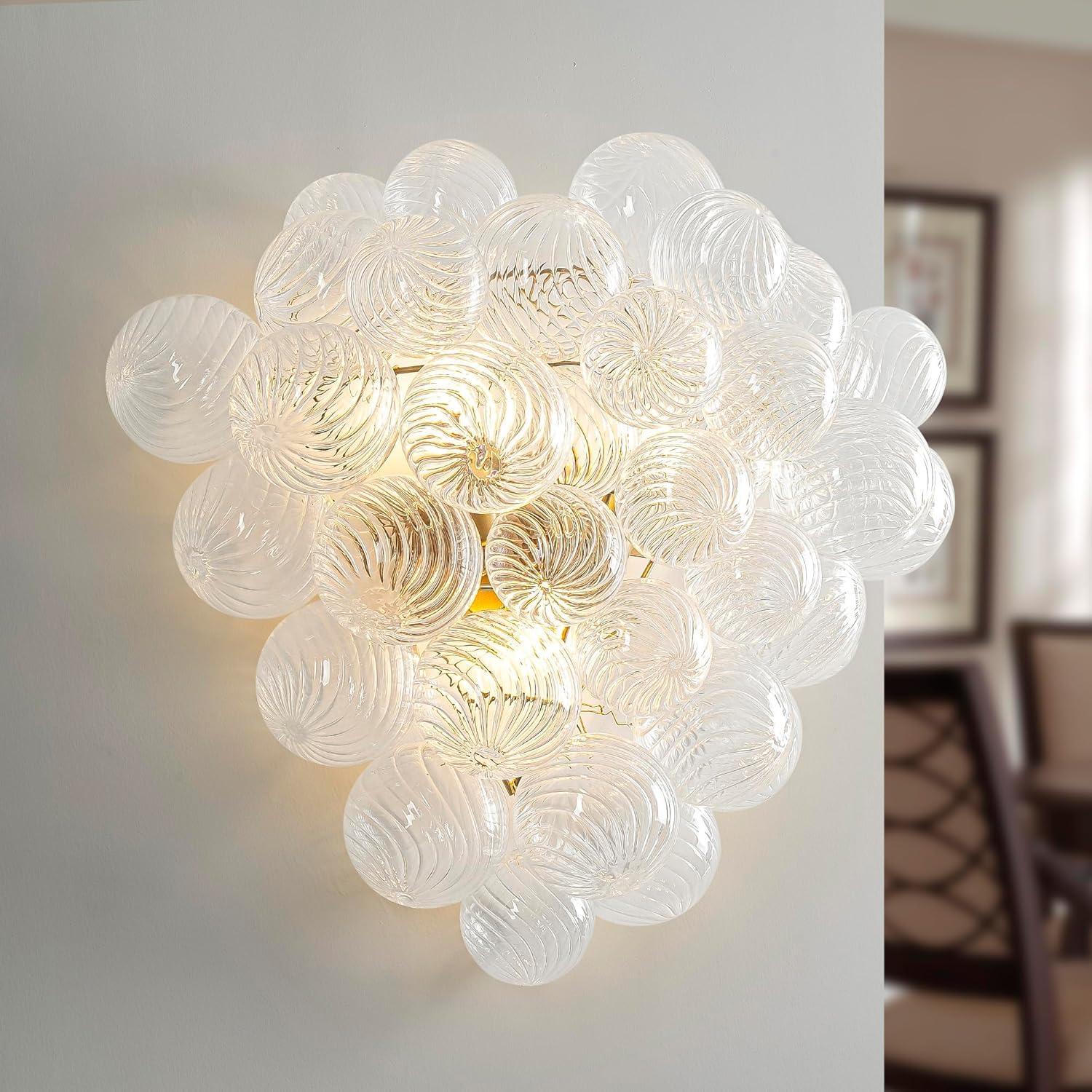 Tunepik Modern Bubble Glass Wall Sconce, Luxury Hand-Blown Swirled Glass Globe Wall Lamp, Mid-Century Gold Art Deco Vanity Light Fixture for Living Room Bedroom Hallway Corridor
