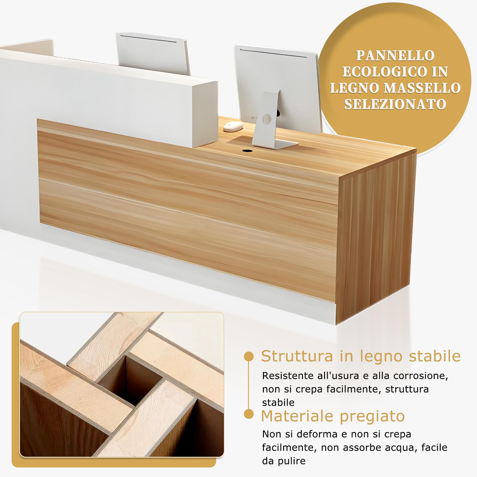 Bancone Reception, Banco Reception con Cassetto e Ripiani Aperti, Banconi Reception da 100–240 cm, Moderno per Ufficio, Adatto per Saloni, Yffici, Hall, Negozi al Ddettaglio