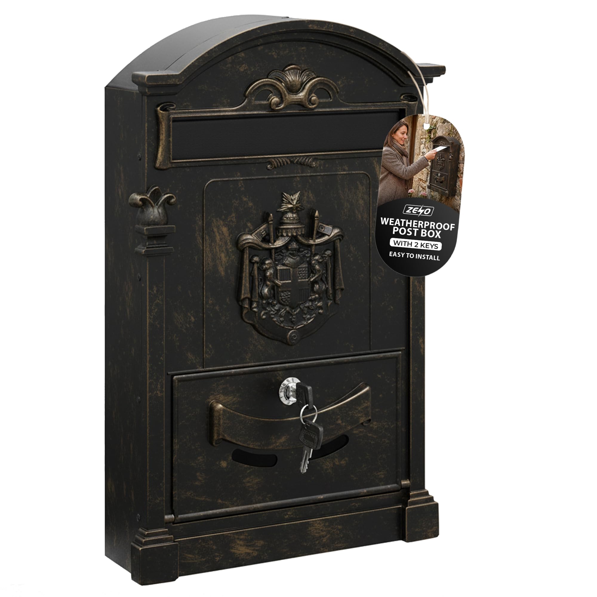 ZENO Letter Box Wall Mounted | Postbox | Large Traditional Post Box Mailbox | Post Letter Box for Home | Vintage Classic Mail Box with 2 Keys | Easy to Install | Keep Your Mail Safe (Bronze)