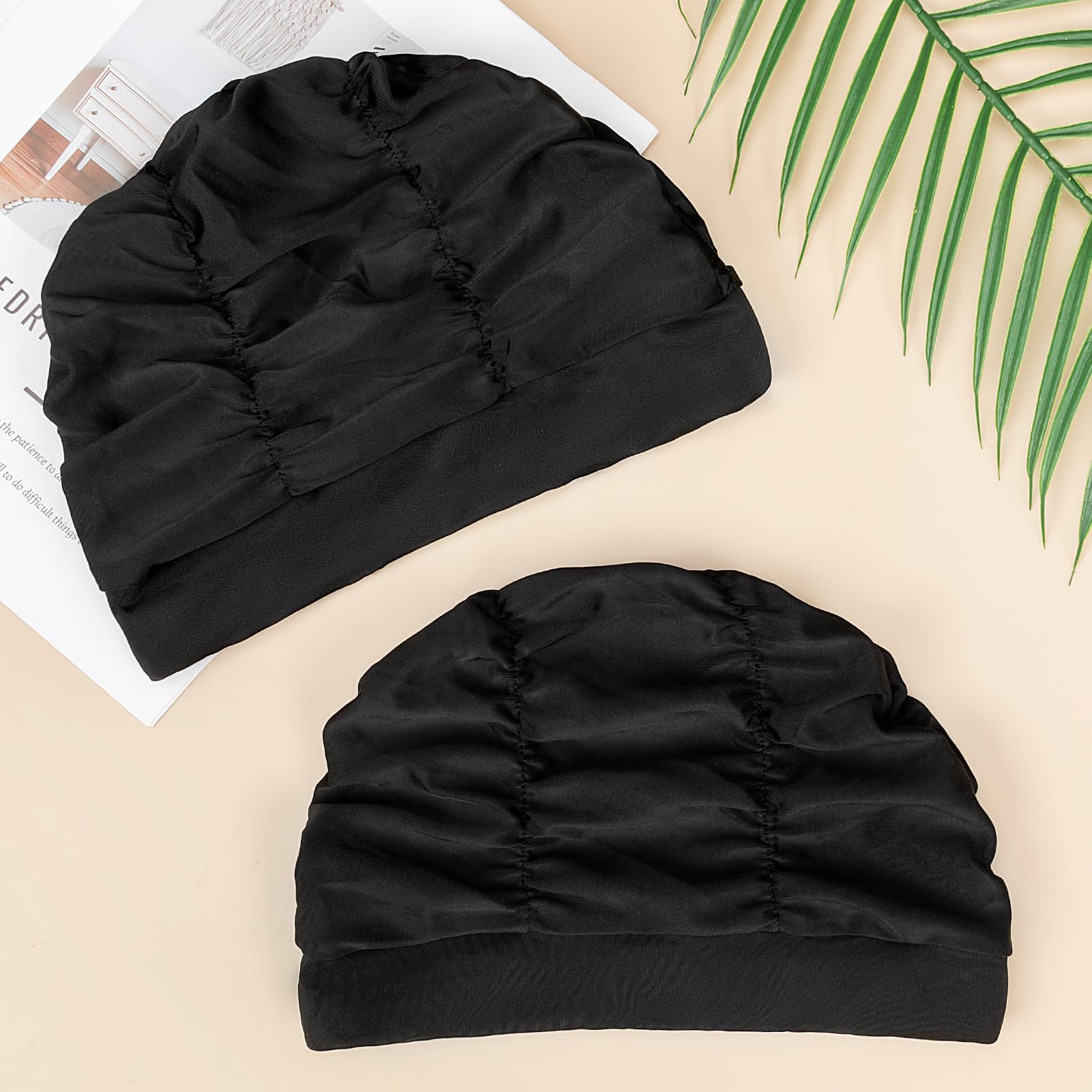 Kiiwah 2 Pièces Bonnets de Bain Élastique, Bonnet de Natation en Tissu Polyester Confortable, Cagoule Piscine Élégante pour Cheveux Longs Femme Homme Enfant