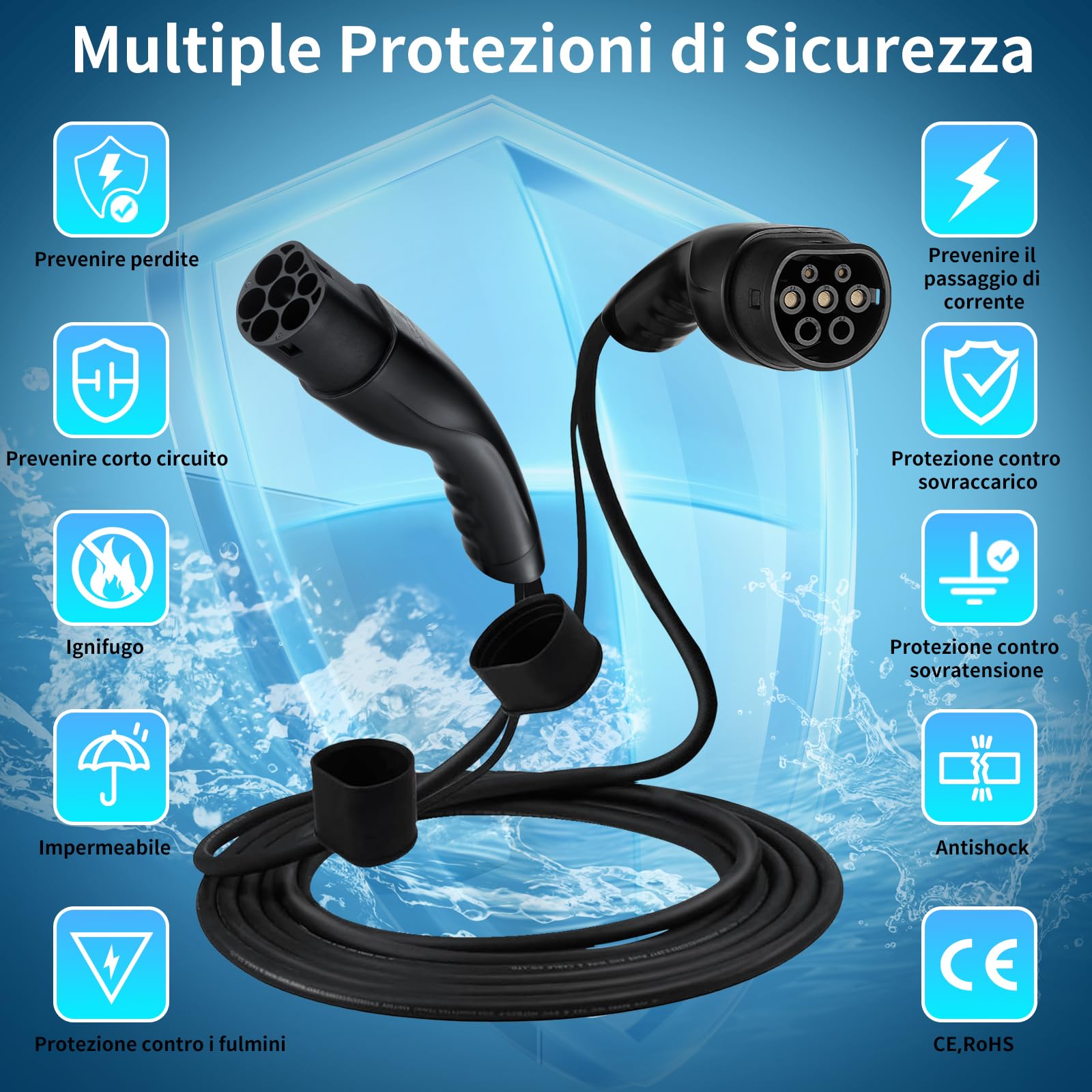 Cavo Ricarica Auto Elettrica Tipo 2: Cavo di Ricarica per Veicoli Elettrici 7KW 32A Monofase, Compatibile con Tutti i Modelli Tipo 2/CCS2, EV/PHEV, IEC 62196-2, 5M, Borsa Inclusa