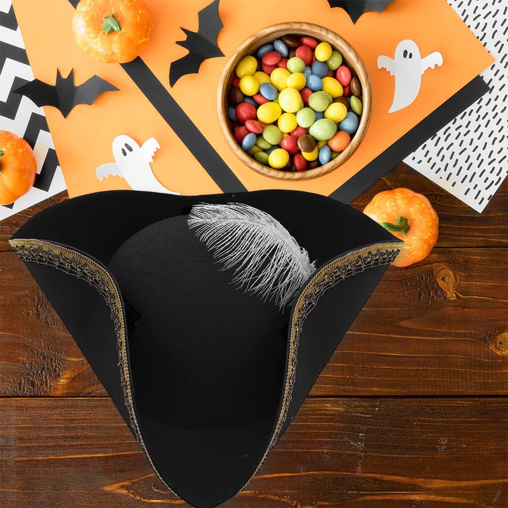 Ericetion Tricorn Pirate Hat with Feather, Buccaneer Colonial Hat for Adults Renaissance Costume for Fancy Dress Costume Accessory - Image 3