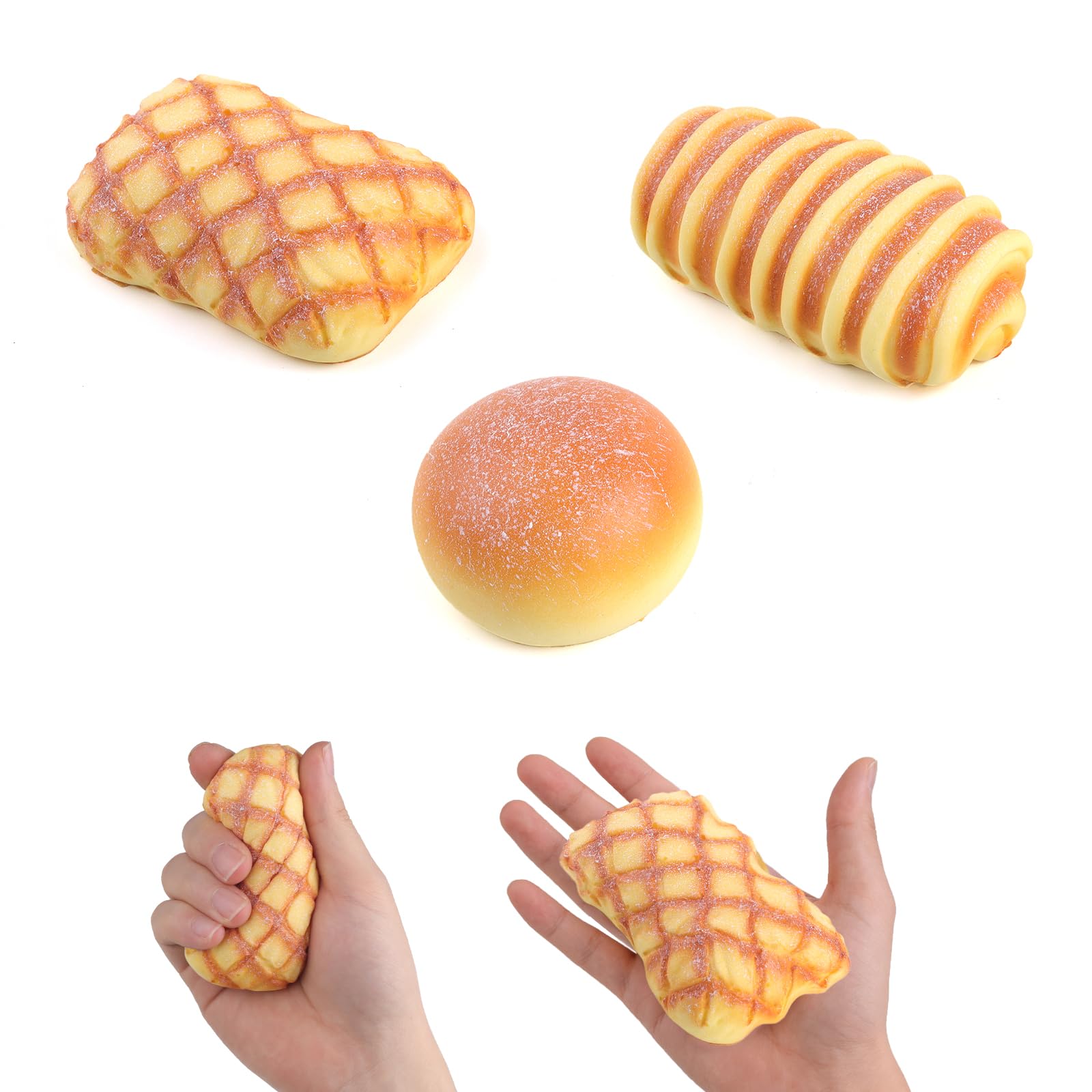 Anboor 3 Pcs Bread Squishies Slow Rising Squishy Toy for Kids Soft Bread Steamed Bun Scented Stress Relief Realistic Food Squish Toy(Style 3)