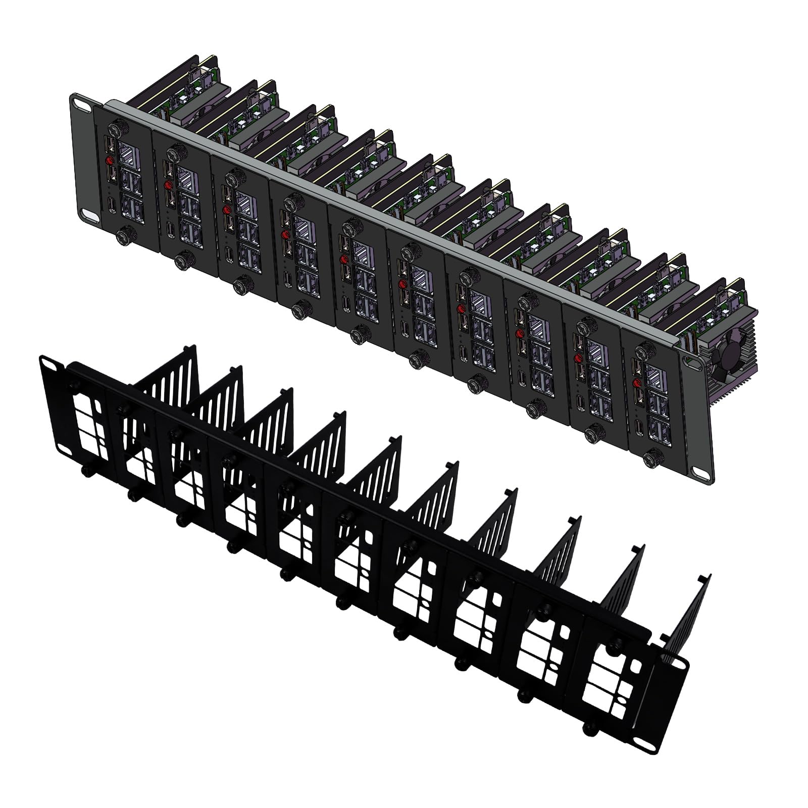GeeekPi Supporto rack 2U da 19" per Raspberry Pi 5, con 10 adattatori SSD PCIe a M.2 NVMe, può contenere fino a 10 schede Raspberry Pi 5/4B, compatibile con server rack da 19"
