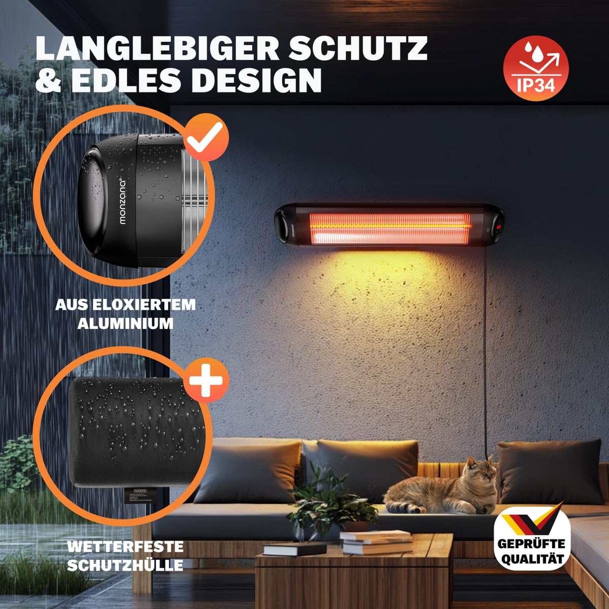 Monzana Stufa a Infrarossi 2500W a Parete 3 Livelli Calore Inclinabile 90° Telecomando Timer 24h