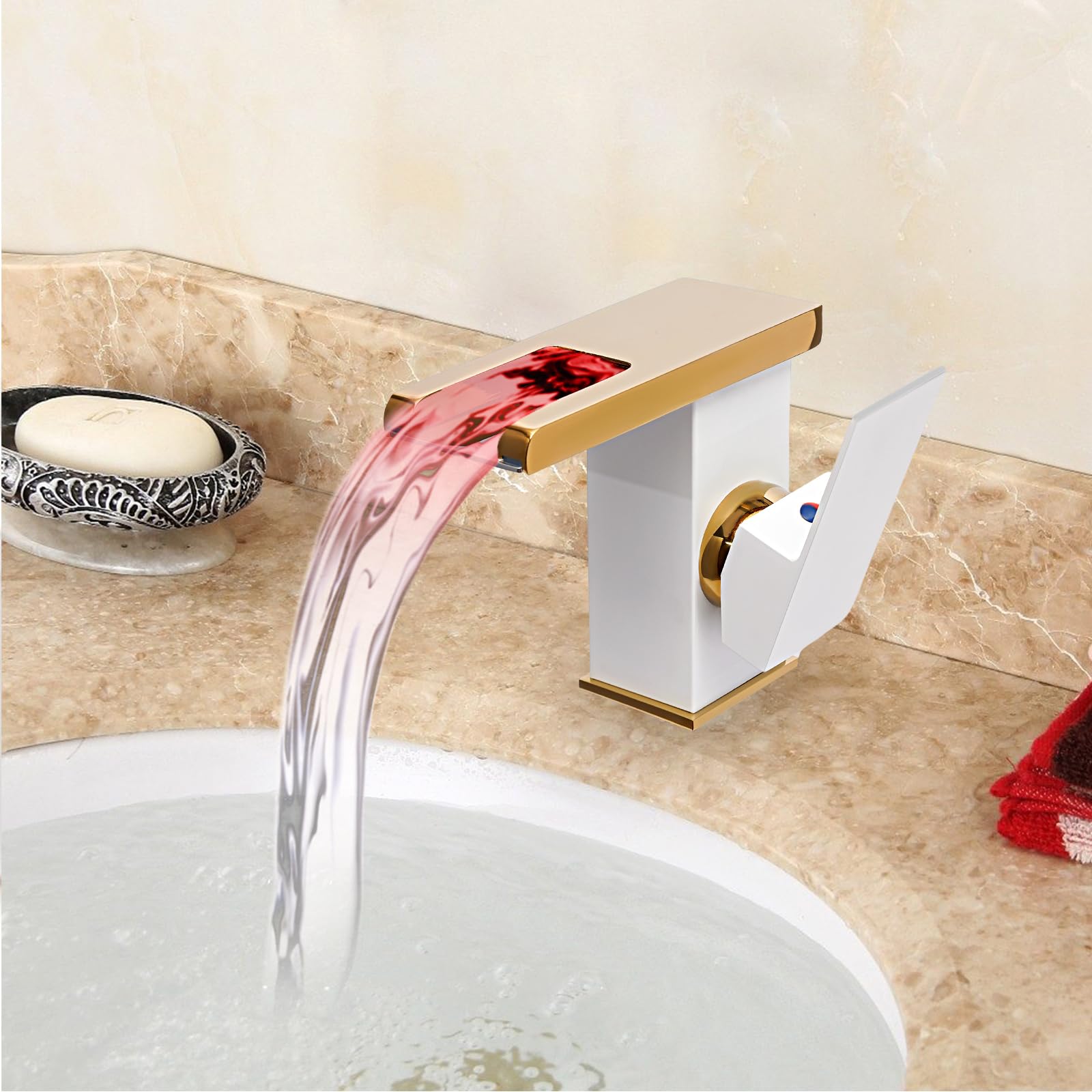 Robinet de lavabo cascade blanc en cuivre, voyants LED de contrôle de la température, robinet d'évier avec poignée unique, mitigeur pour eau chaude et froide