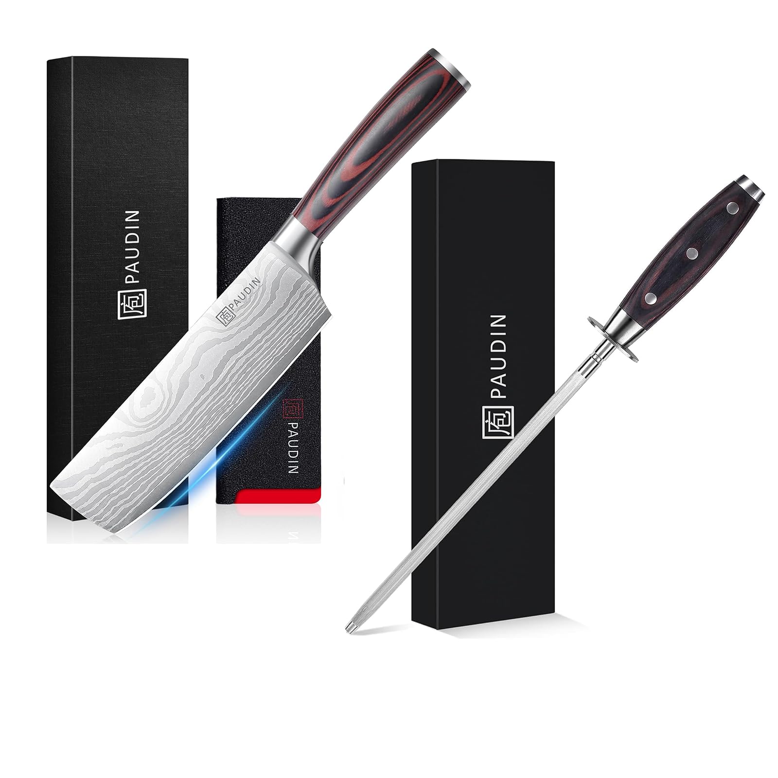 PAUDIN Japanisches Nakiri Messer 17 cm mit Premium Wetzstahl 25 cm