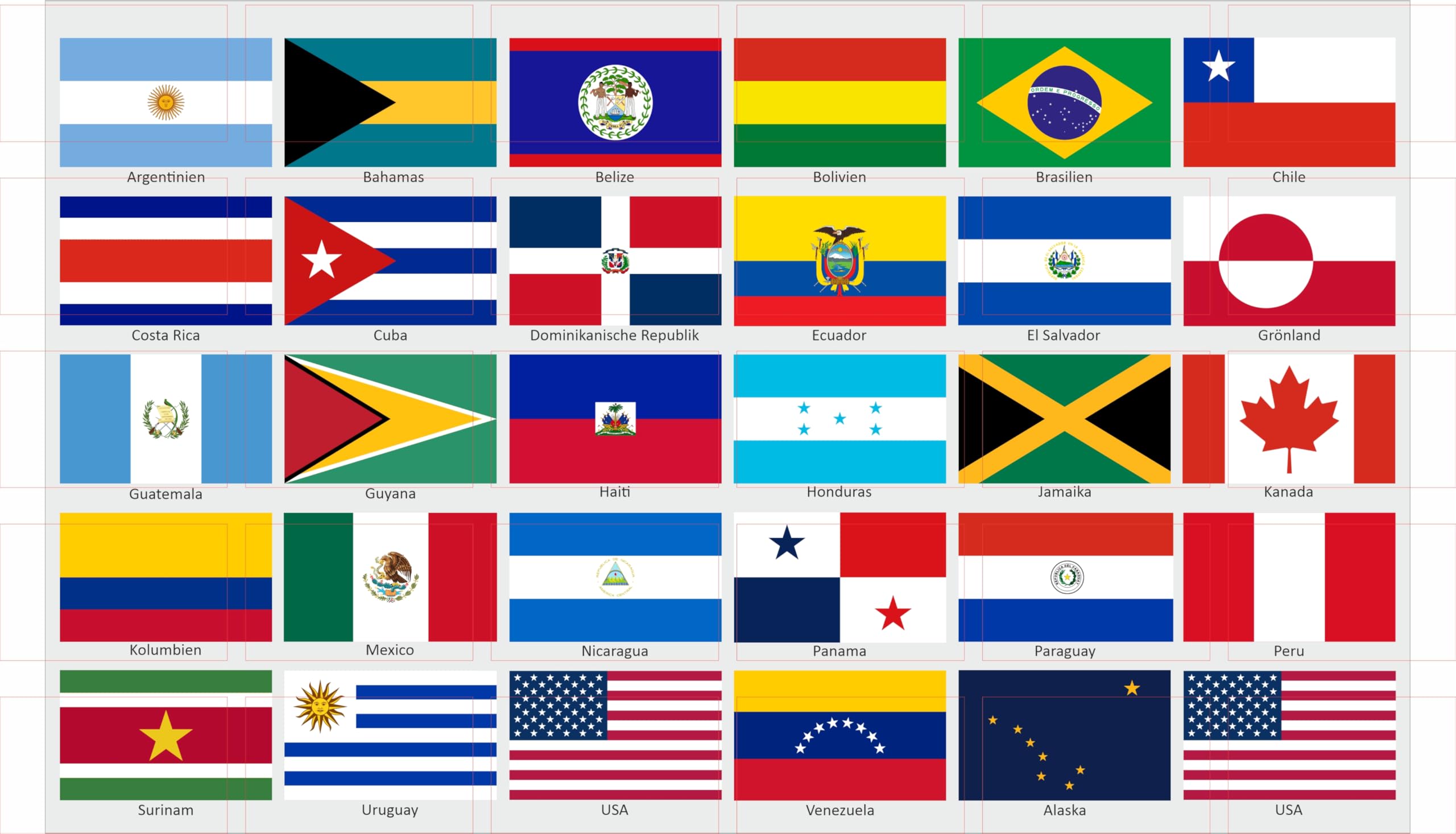 beihaasnatuerlich Panamericana Länderflaggen Aufkleber Set – 30 Rechteckige Flaggen Sticker auf 1 Bogen, Wasserfest & UV-beständig, 5 x 3 cm für Modellbau, Koffer, Dekoration