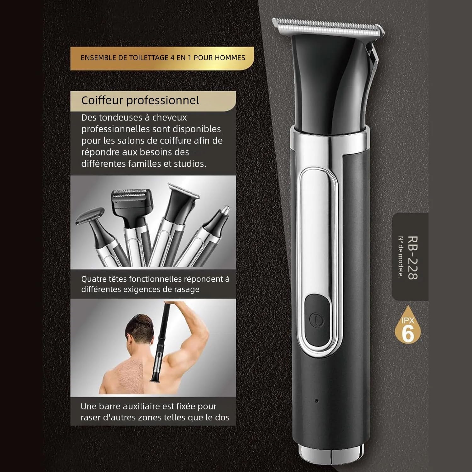 Rasoir Électrique pour le Dos pour Homme, 4 en 1, Kit de Tondeuse pour le Corps Multifonction en Libre-Service, Humide ou Sec, Noir, ABS, pour les Voyages