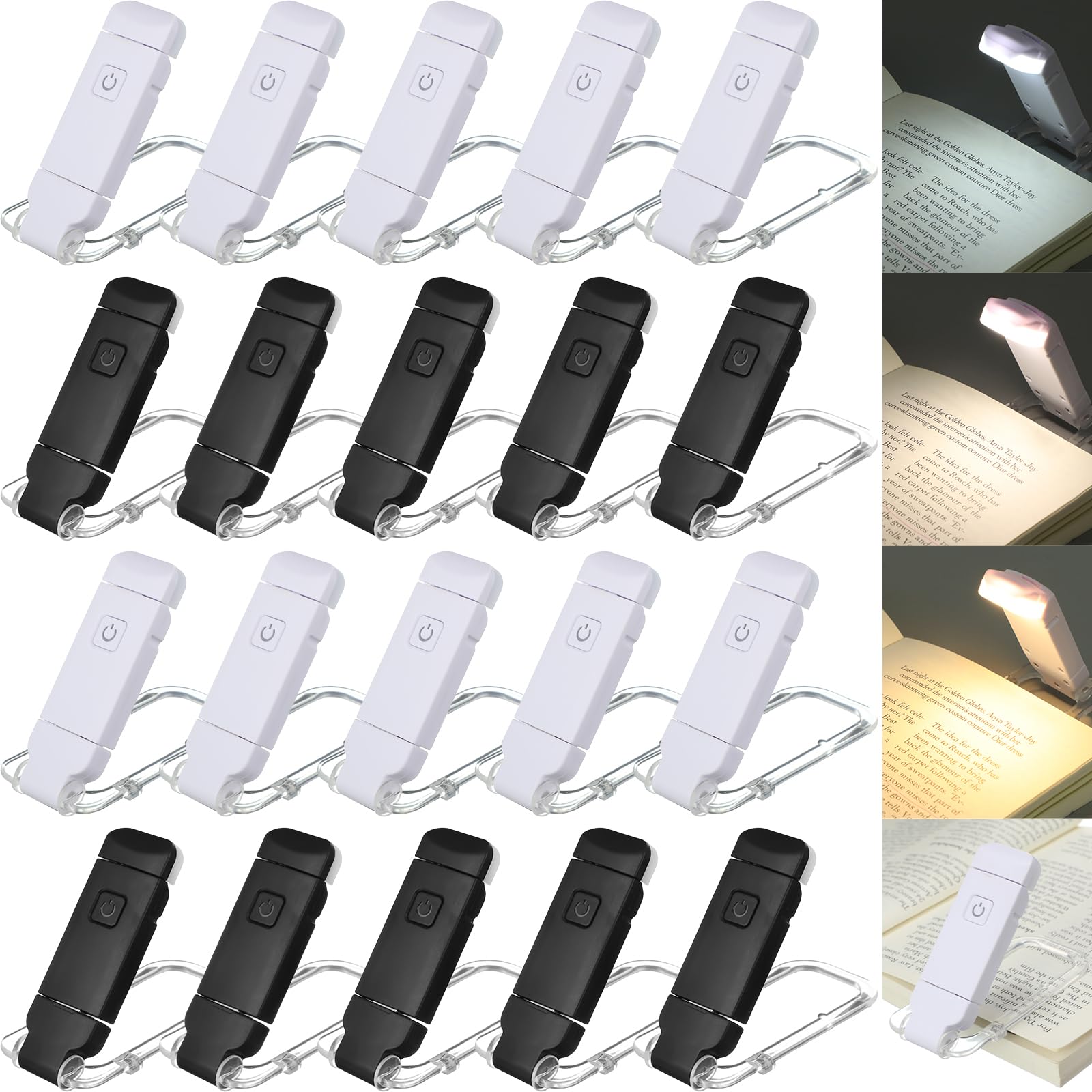Retisee Confezione da 20 luci per libri ricaricabili tramite USB, per leggere a letto, pieghevoli, con clip, 3 colori ambrati e 2 luminosità, dimmerabili, a lunga durata, per gli amanti dei libri