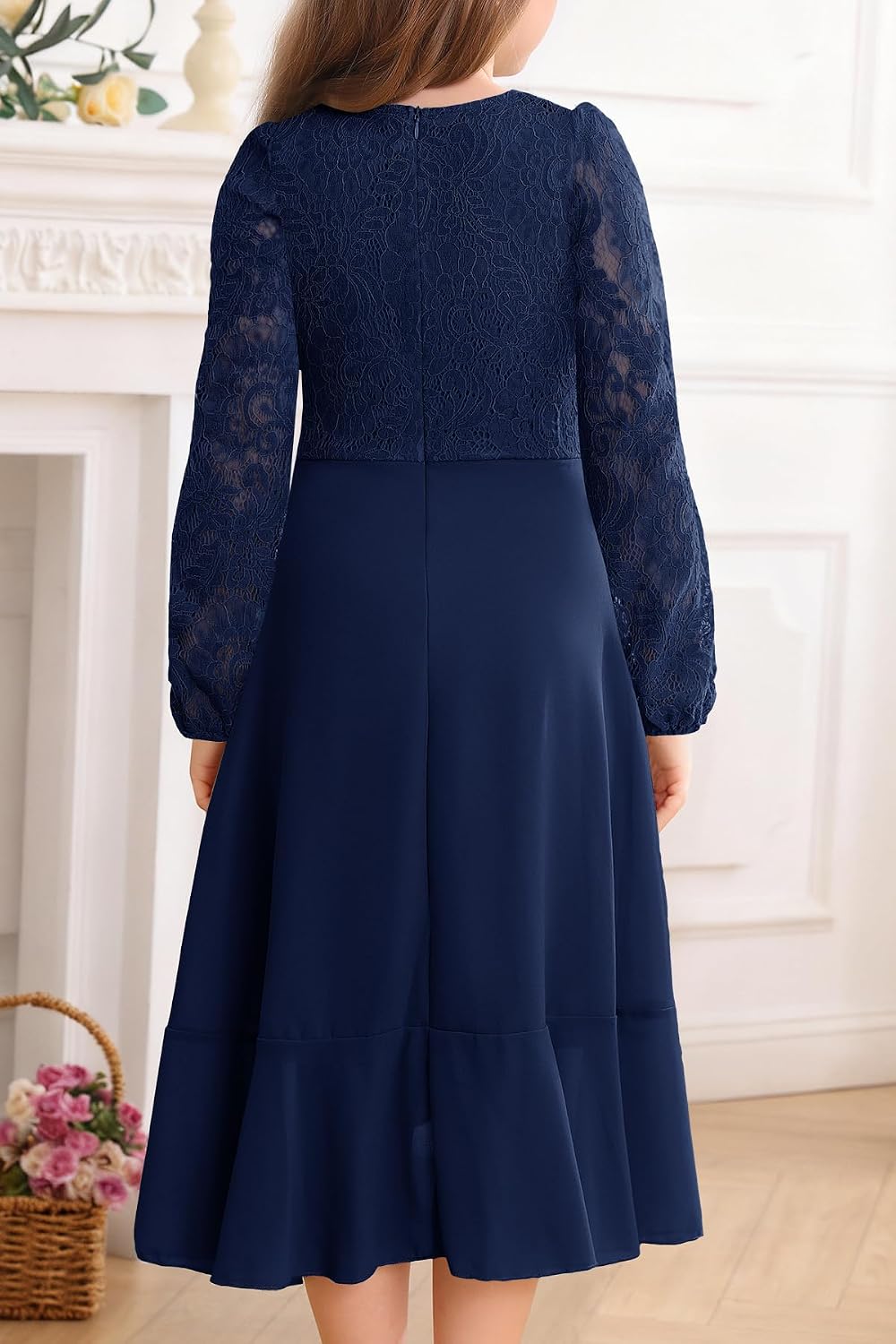 HOSIKA Flower Girls Dress Long Sleeve Floral Lace Chiffon A Line Formal Fall Wedding Party Dresses for 6-12 Years