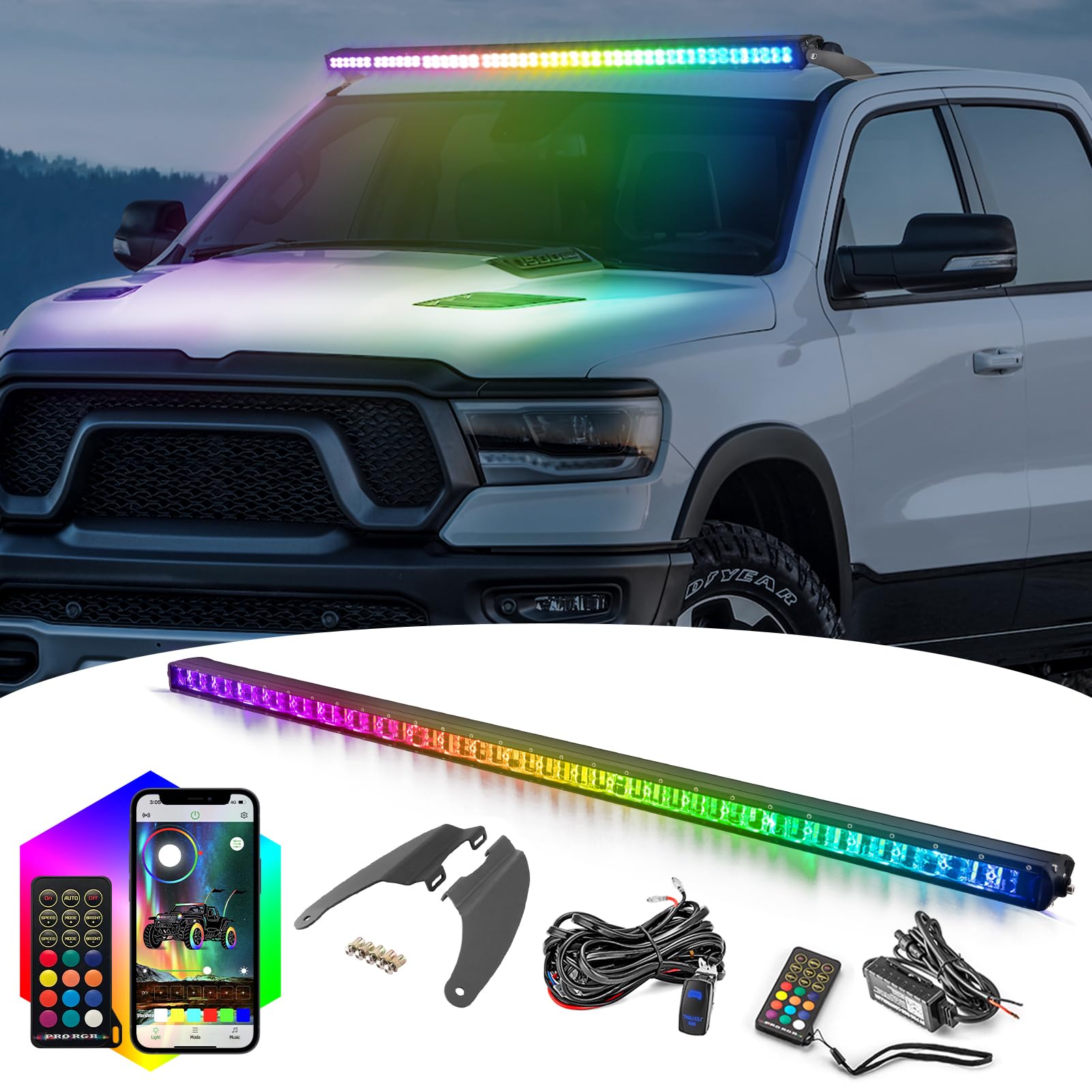 Wsays 50 inch RGBW LED Chasing Color Light Bar w/Wiring Harness Kit & Upper Roof Windshield Mounting Brackets Compatible with Dodge Ram 1500 2500 3500