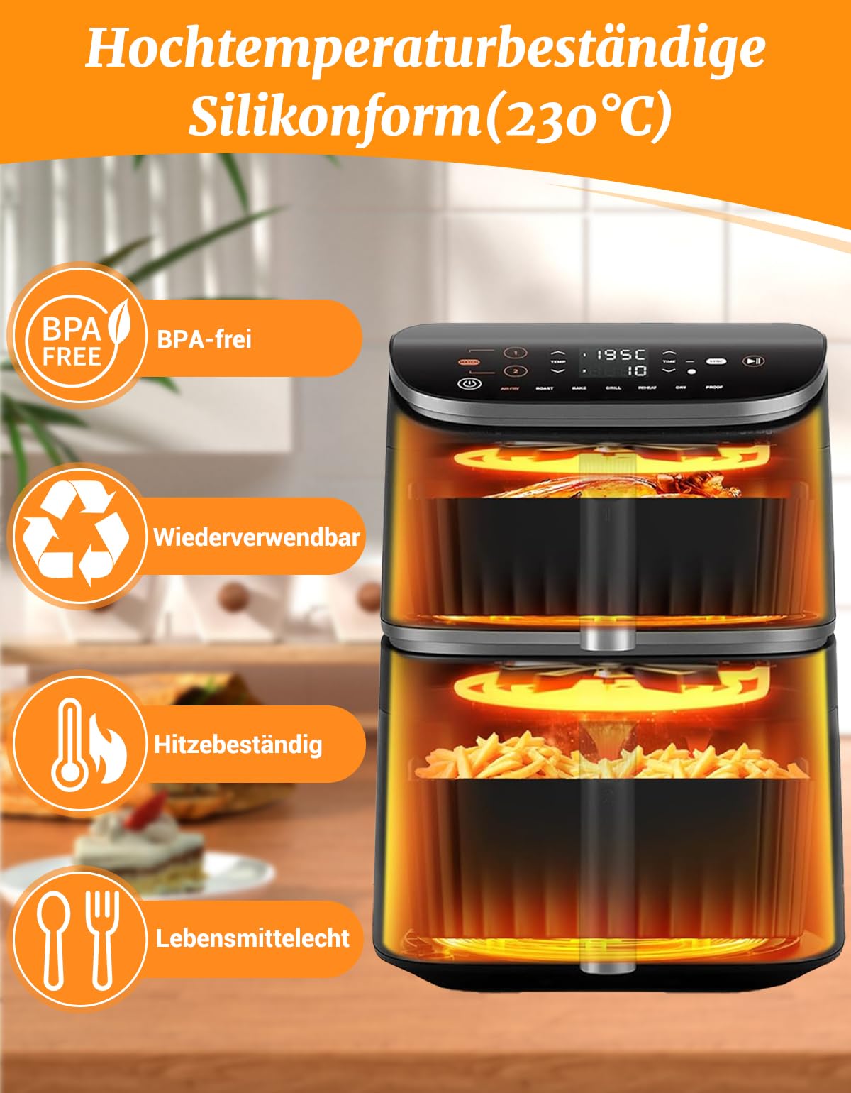Silikonform Heißluftfritteuse Zubehör Exklusiv für Cosori Turbo Tower, Cosori Turbo Tower Pro & Smart 10,8L Double Stack Airfryer, Wiederverwendbar Air Fryer Silikon Einsatz (6,5L & 4,3L)
