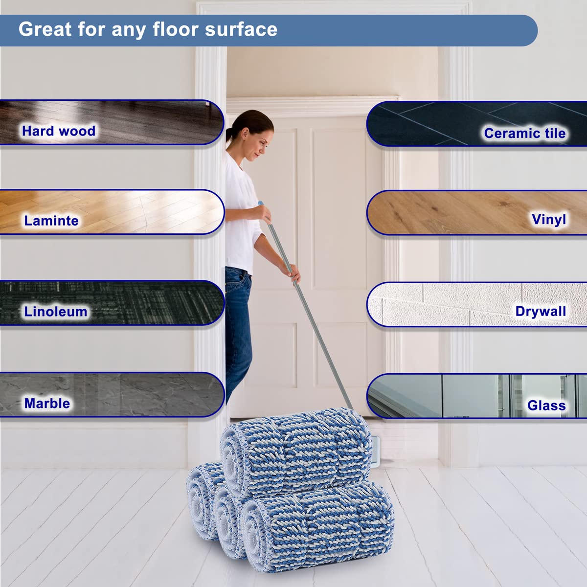 Almohadillas de microfibra de repuesto para limpieza de pisos, almohadilla de limpieza de polvo de 18 x 5 pulgadas, compatible con mopa Bona, cabezal de fregona seca reutilizable para fregona plana de