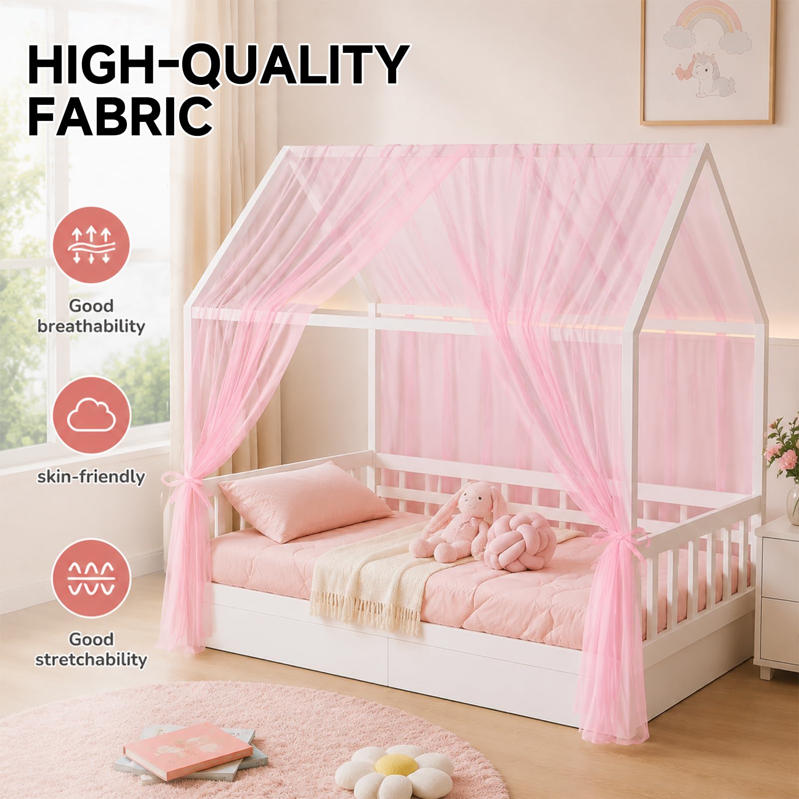Betthimmel für Hausbett, 2 Stück Kinderzimmer Himmel 350x150cm, Hausbett Himmel aus Baumwoll-Musselin, Weich und Atmungsaktiv, Deko und Verschönerung für Jungen- und Mädchenbett, Rosa