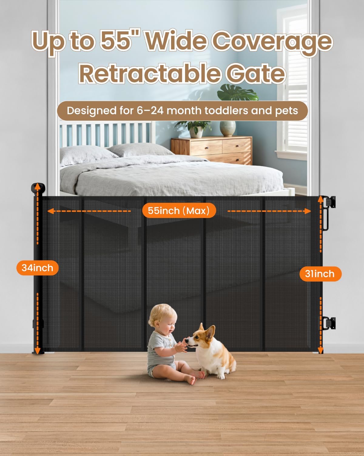 Retractable Baby Gate, 55" Wide Mesh Baby Gate with 4 Reinforced Rods, 34" Tall Anti-Sagging Dog Gate, Prevents Kids & Dogs from Crawling Under, for Stairways, Hallways & Patios, Black