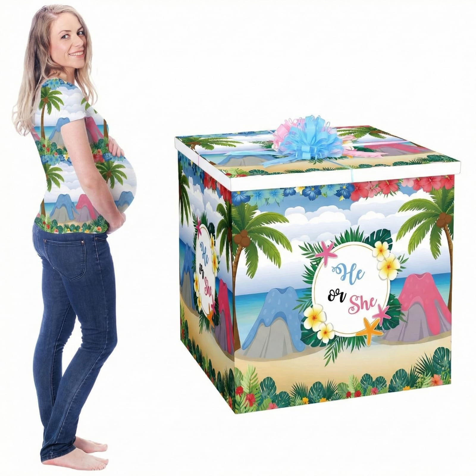 AmazingSpark 28in Jumbo Gender Reveal Gift Box Kit with Oversized Box Giant Pull Bows for Gender Reveal Baby Shower Birthday Party Decor(Hawaiian Luau)