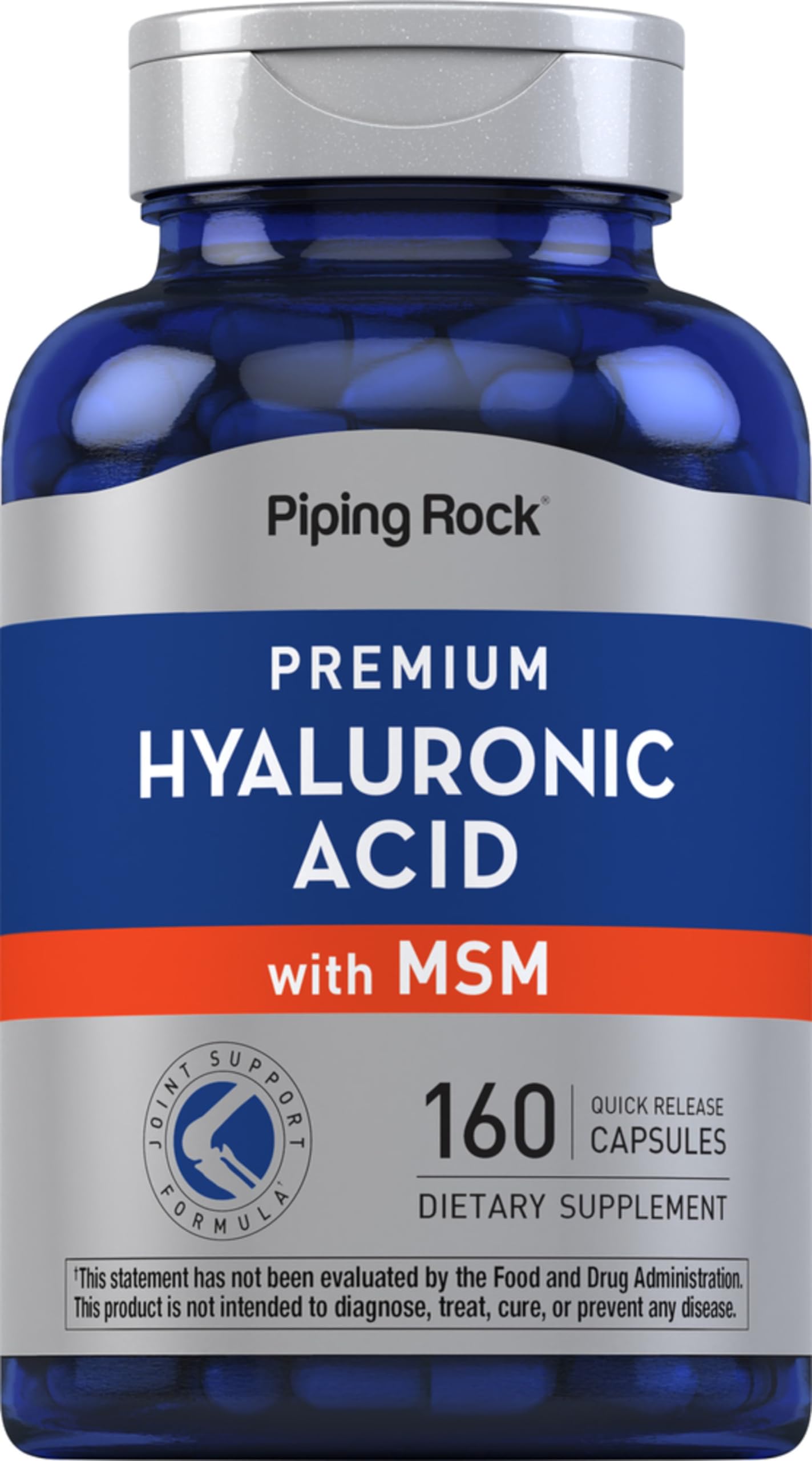 Piping Rock Hyaluronic Acid Supplement | 100mg | 160 Capsules | with MSM for Women and Men | Non-GMO, Gluten Free