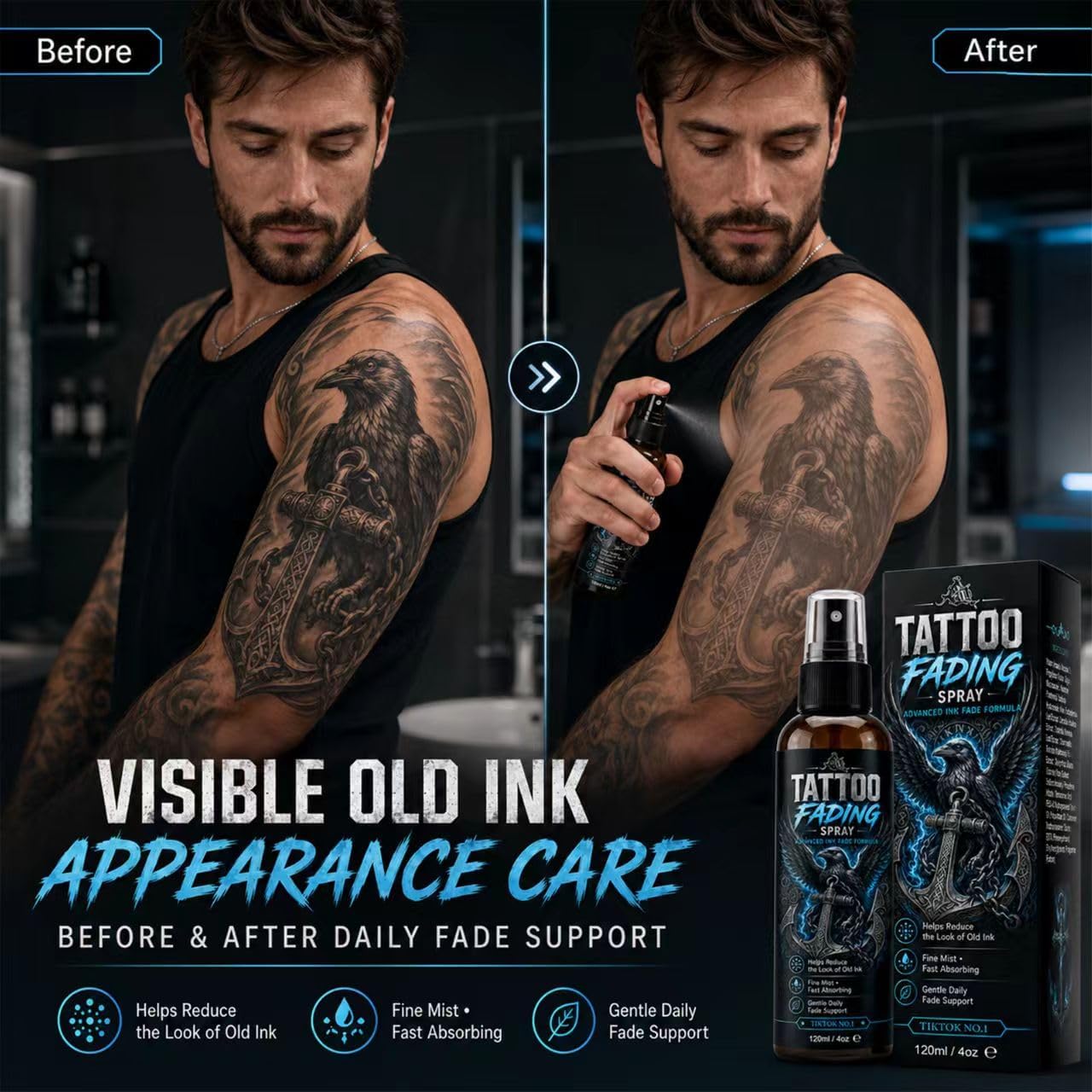 Tattoo Removal Spray, Tattoo Fading Support Spray for Unwanted Ink, Daily Care Formula with Botanical Extracts for Skin