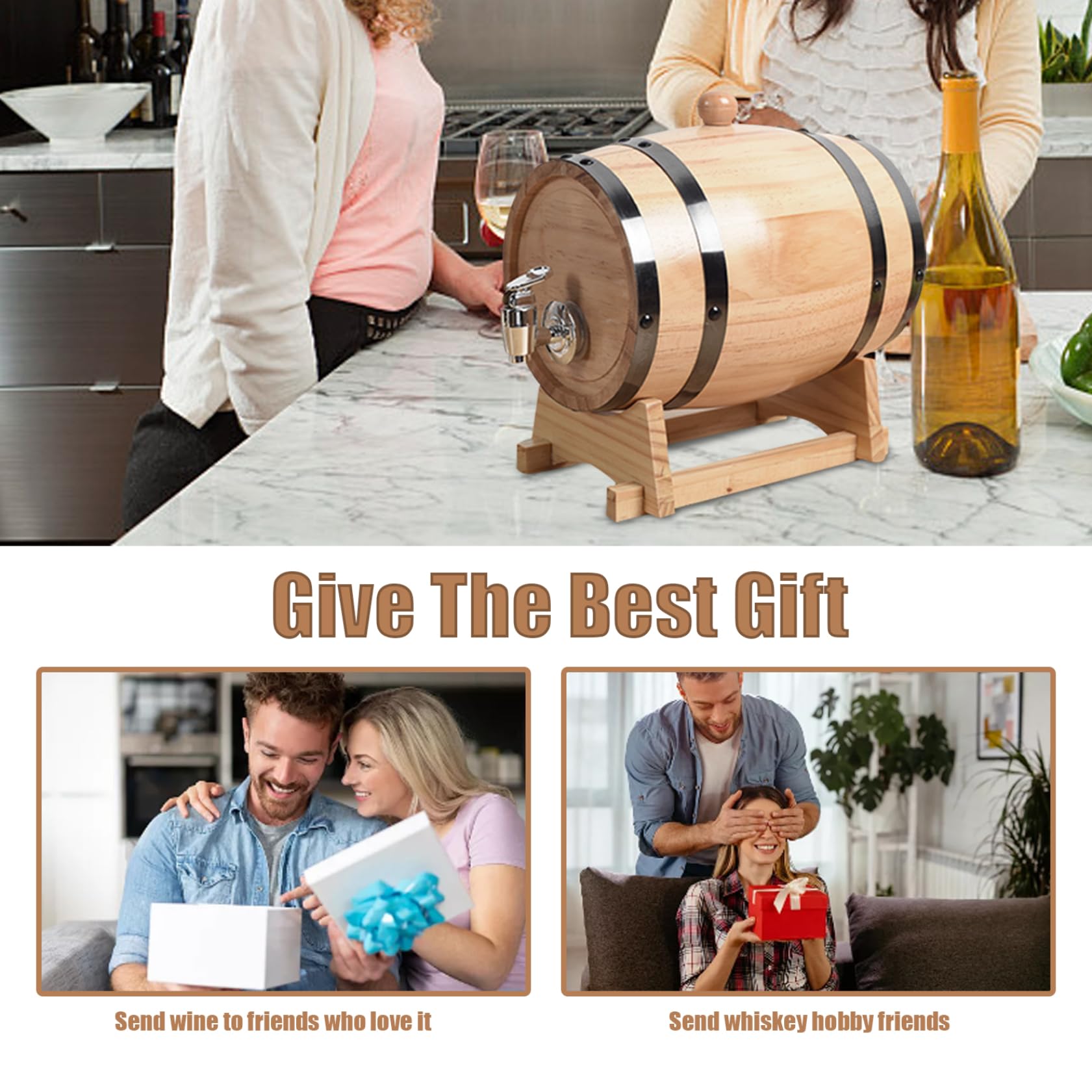 Barril de envejecimiento de roble, mini barriles de whisky con soporte de madera, bung & spigot, dispensador de barril de whisky de 1 litro, muestra de decoración y almacenamiento de la mesa de la ca