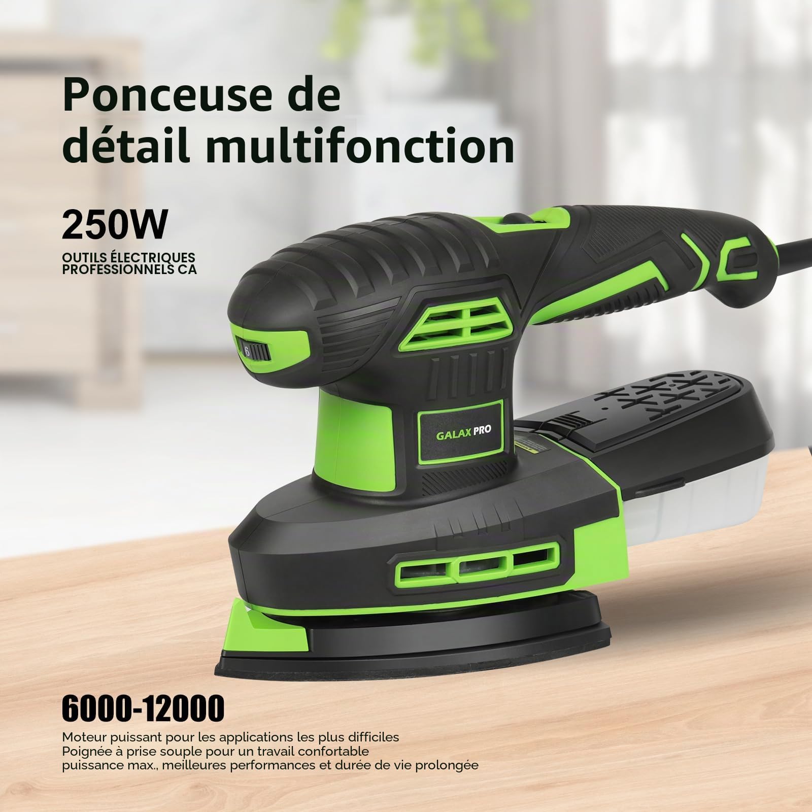 GALAX PRO Ponceuse Excentrique 2-en-1 250W, 6000-12000 tr/min, 6 Vitesses Variables, avec Bac à Poussière, pour Ponçage et Polissage du Bois et du Métal, 12 Papiers Abrasifs Inclus