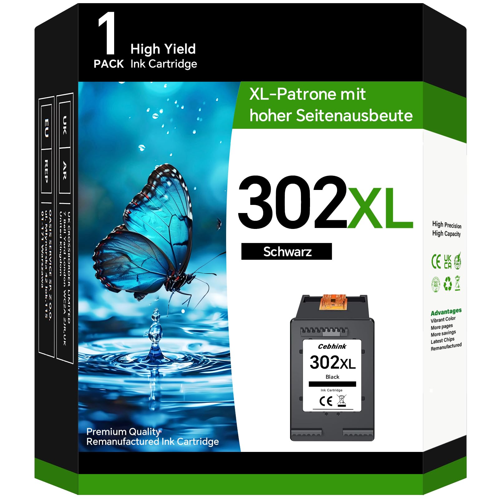 Cebhink 302 XL Schwarz Druckerpatronen für HP 302 Druckerpatronen Schwarz 302XL Patronen Kompatibel mit HP Envy 4520 4522 4525 4527 DeskJet 3630 3636 3638 3639 3633 OfficeJet 3831 3830 3833 5220 5230