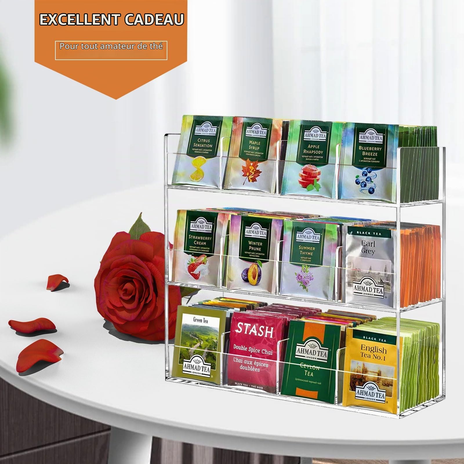 mumisuto Boite a The en Acrylique avec 12 Compartiments pour 216 Sachet Thé, Boite à Thé Gain de Place & sans Odeur 29,6 x 9,8 x 26,4 cm, Moderne & Élégant Boite Transparente pour Le Rangement