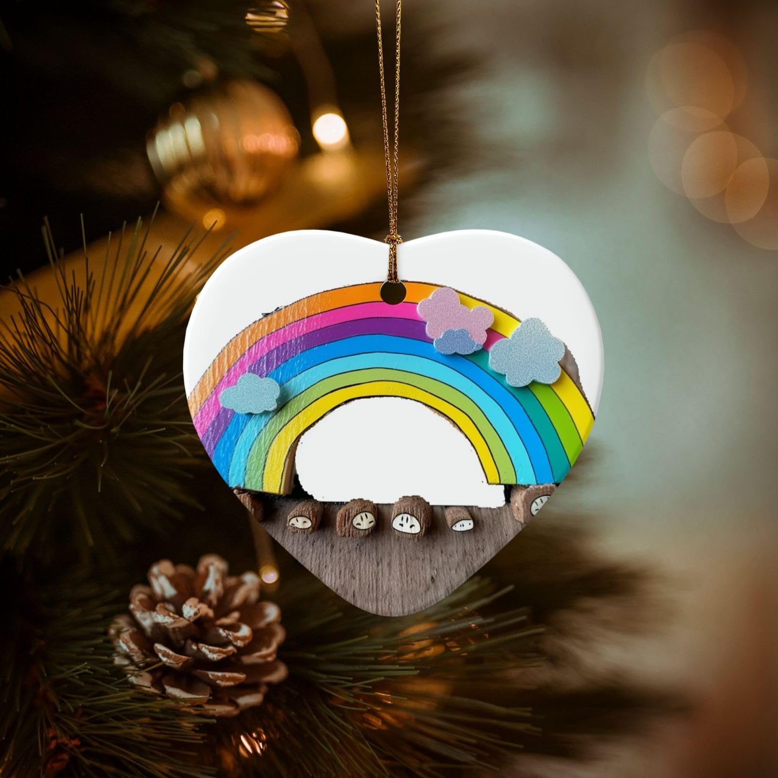 Christmas Ornaments for Christmas Tree Decoration Hanging Small Rainbow Ornament with Gold Ribbon Crafts Heart Shape Ceramic Pendant for Keepsake Gifts Xmas Decor Party Supplies