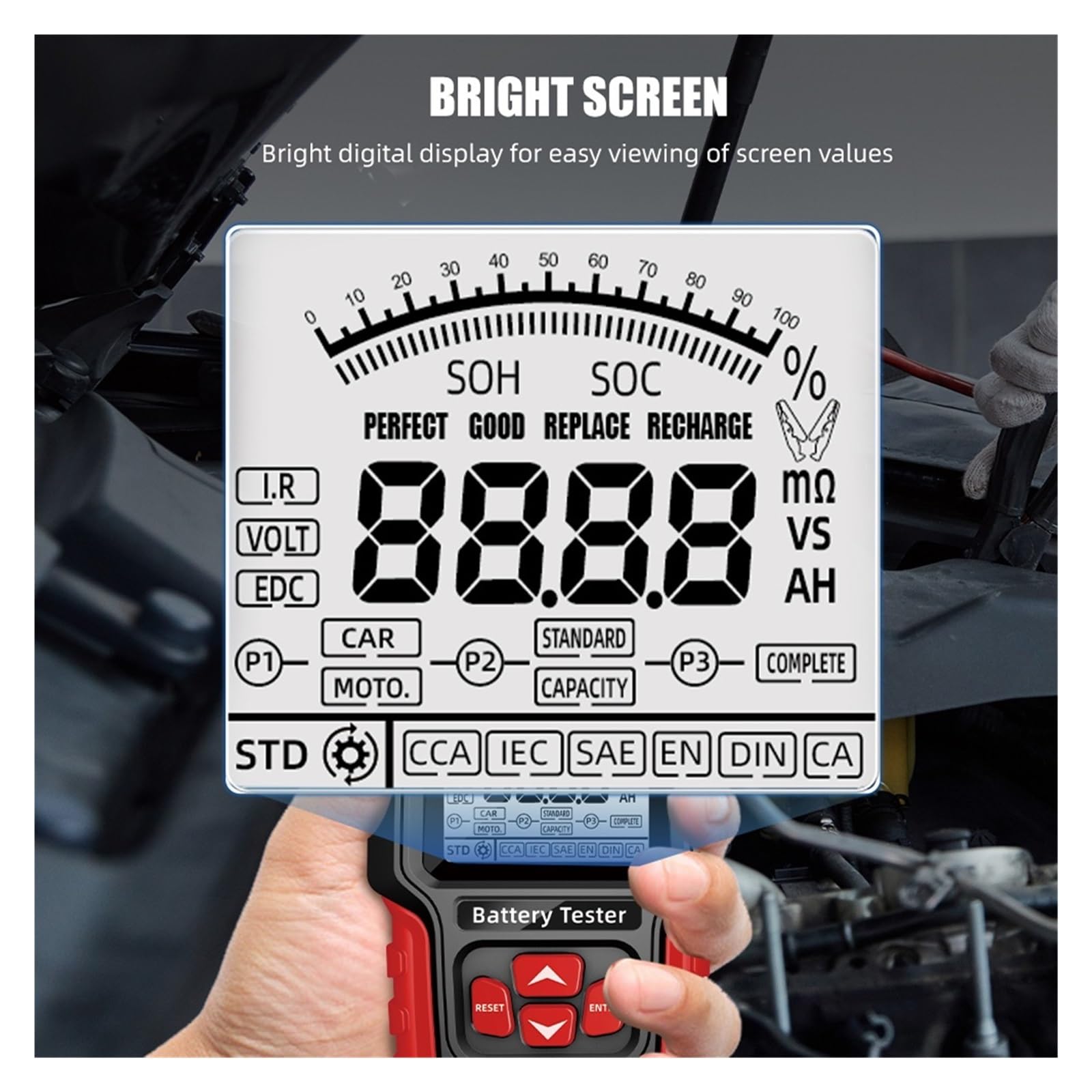 Comprobador de baterias, Probador de batería de coche de 12 V y 24 V, analizador de batería LCD, herienta de prueba, escáner, analizador digital de diagnóstico for coche, camión y motocicleta.